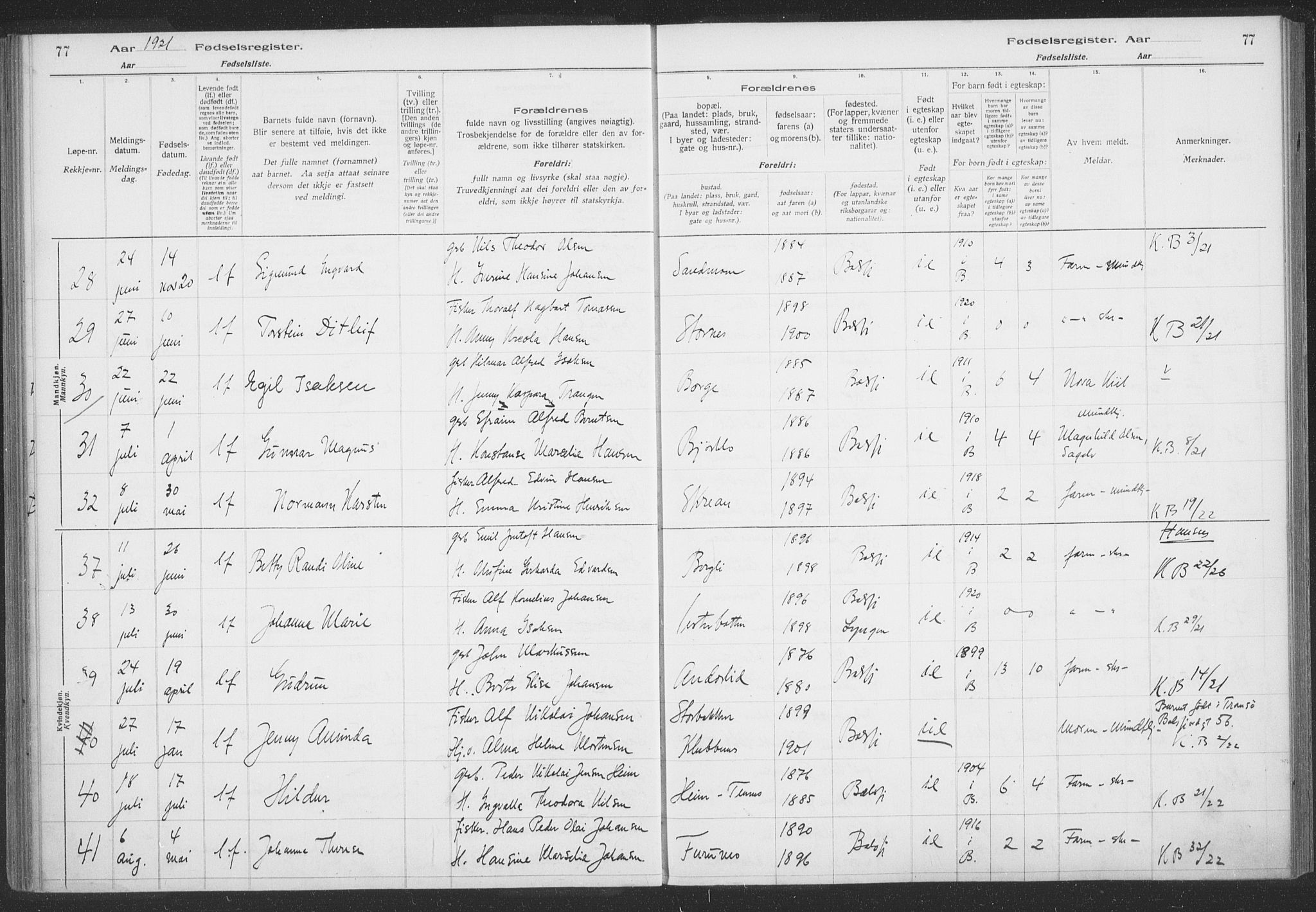 Balsfjord sokneprestembete, AV/SATØ-S-1303/H/Hb/L0059: Birth register no. 59, 1916-1930, p. 77