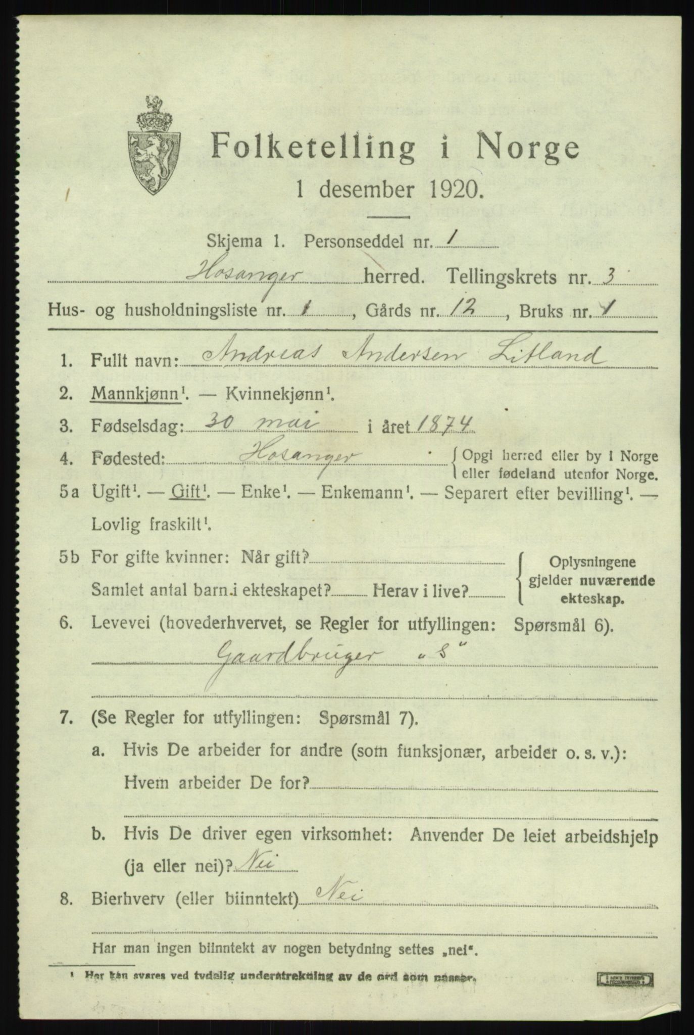 SAB, 1920 census for Hosanger, 1920, p. 1465