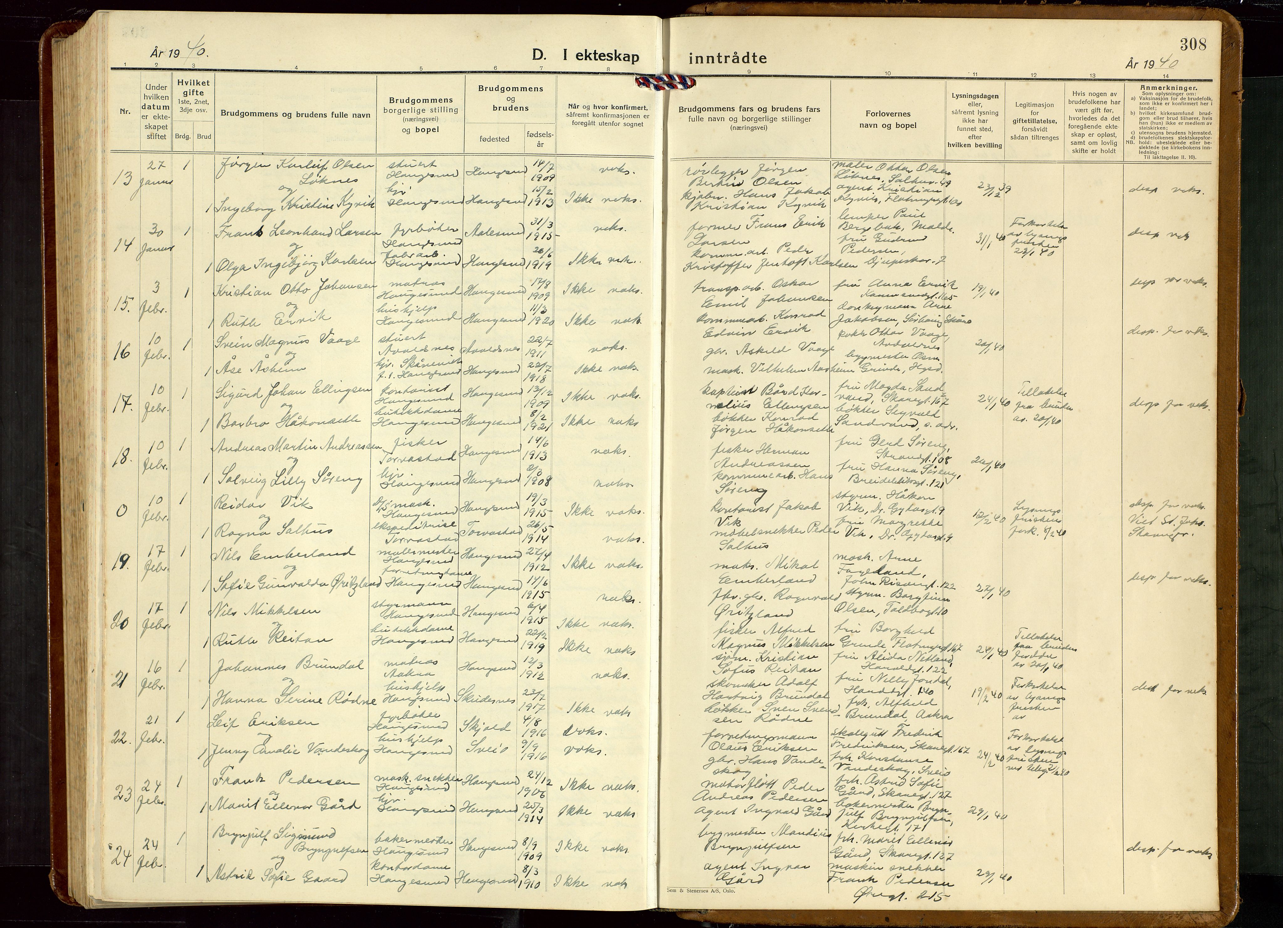 Haugesund sokneprestkontor, AV/SAST-A -101863/H/Ha/Hab/L0013: Parish register (copy) no. B 13, 1931-1943, p. 308