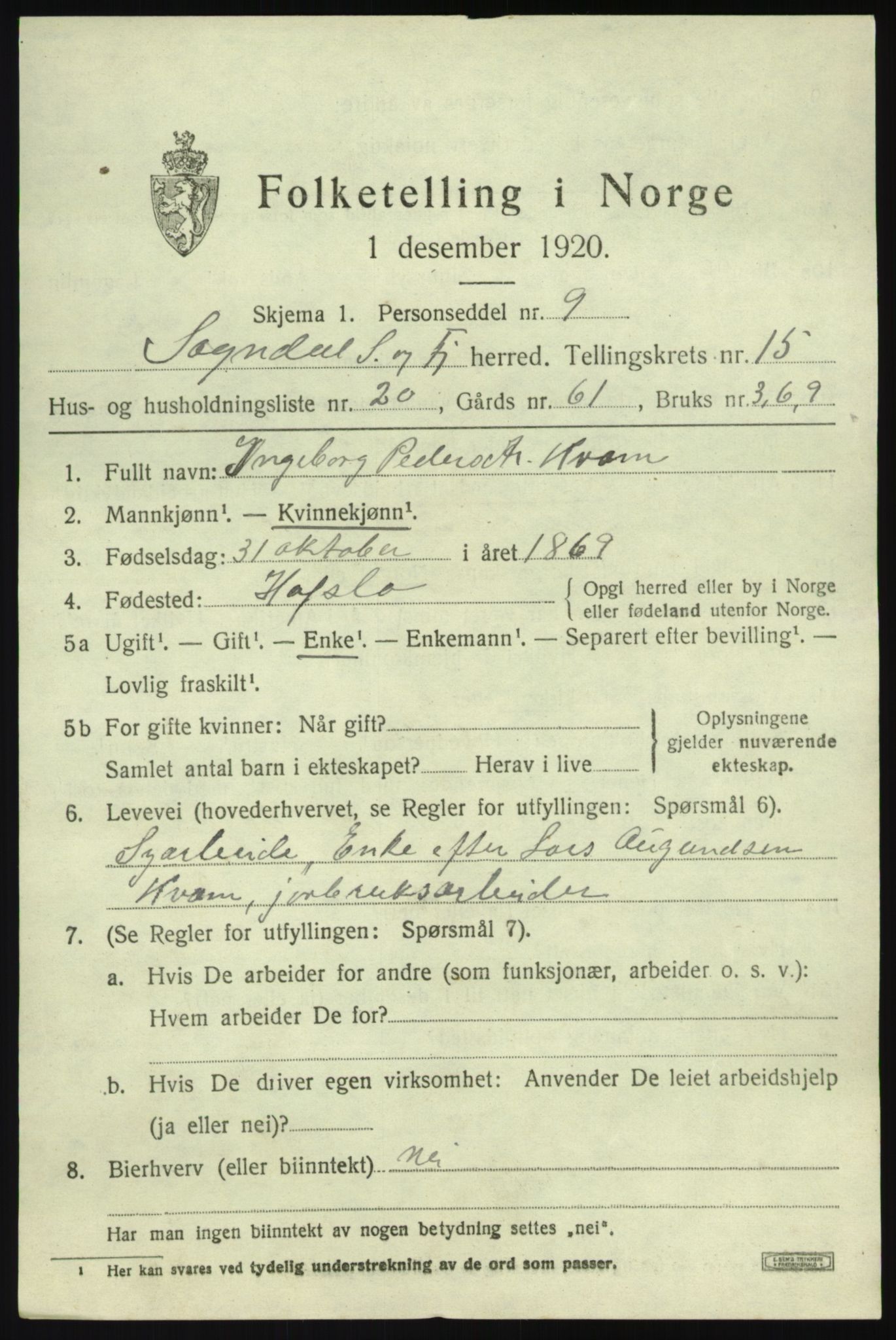 SAB, 1920 census for Sogndal, 1920, p. 6063