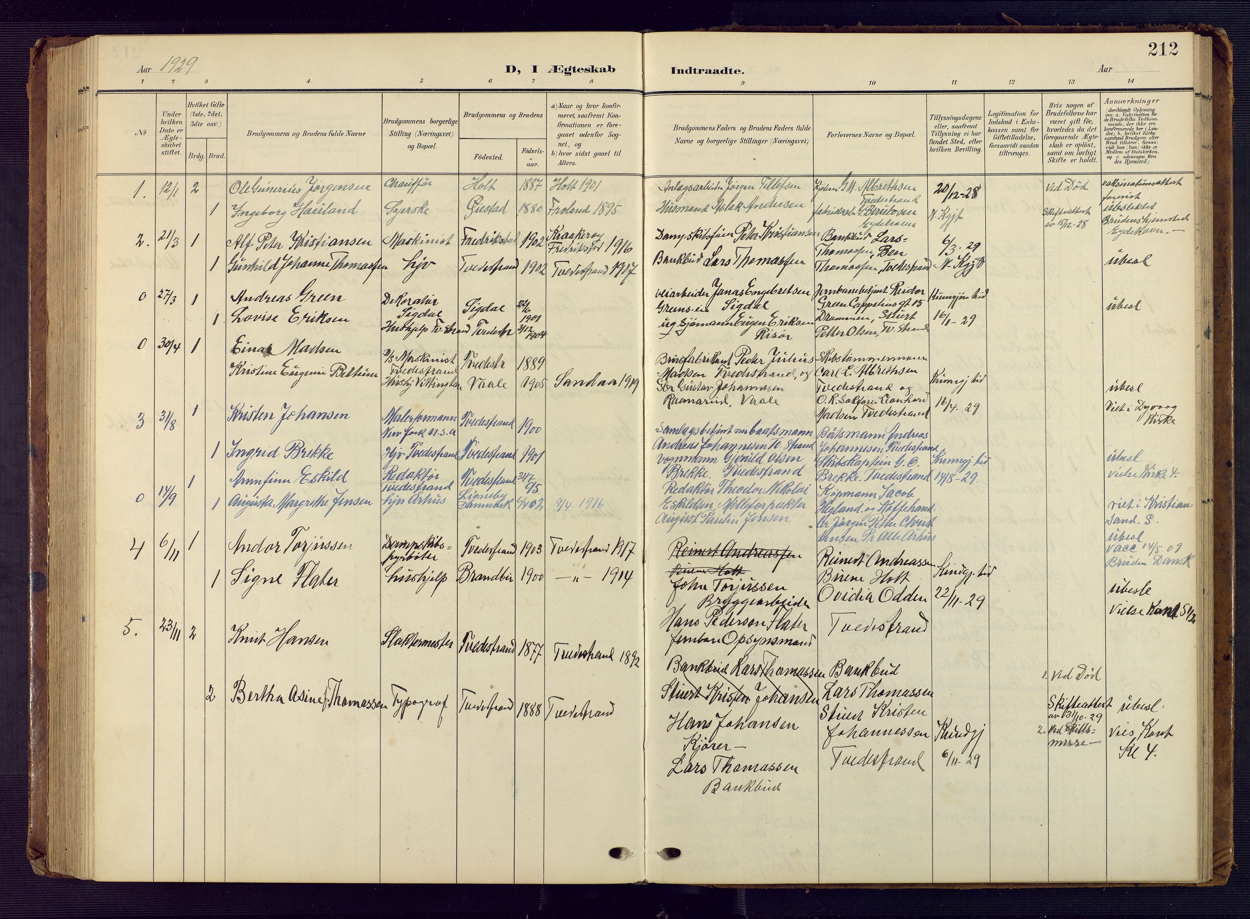 Tvedestrand sokneprestkontor, AV/SAK-1111-0042/F/Fb/L0001: Parish register (copy) no. B 1, 1902-1956, p. 212