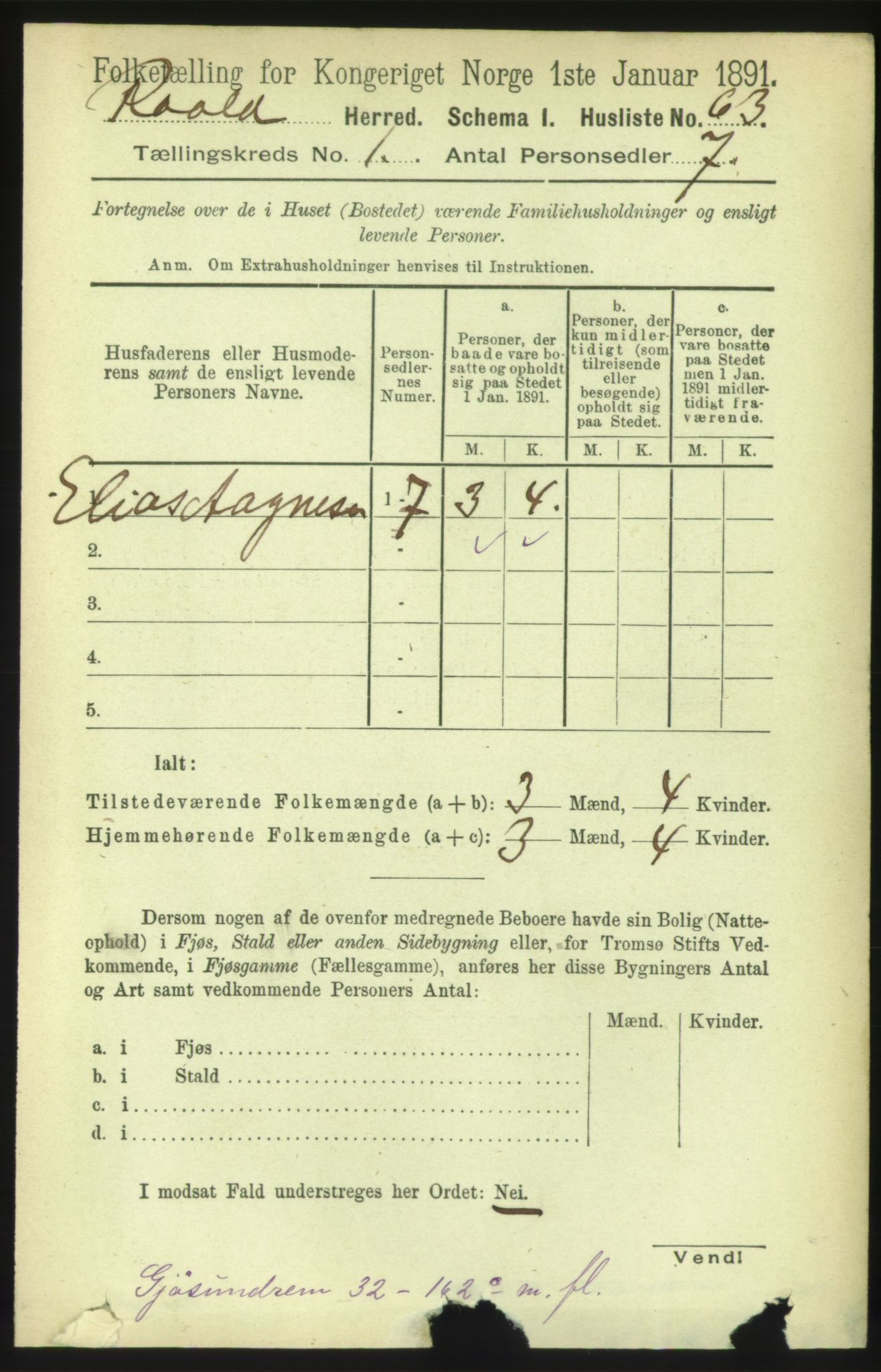 RA, 1891 census for 1533 Roald, 1891, p. 72