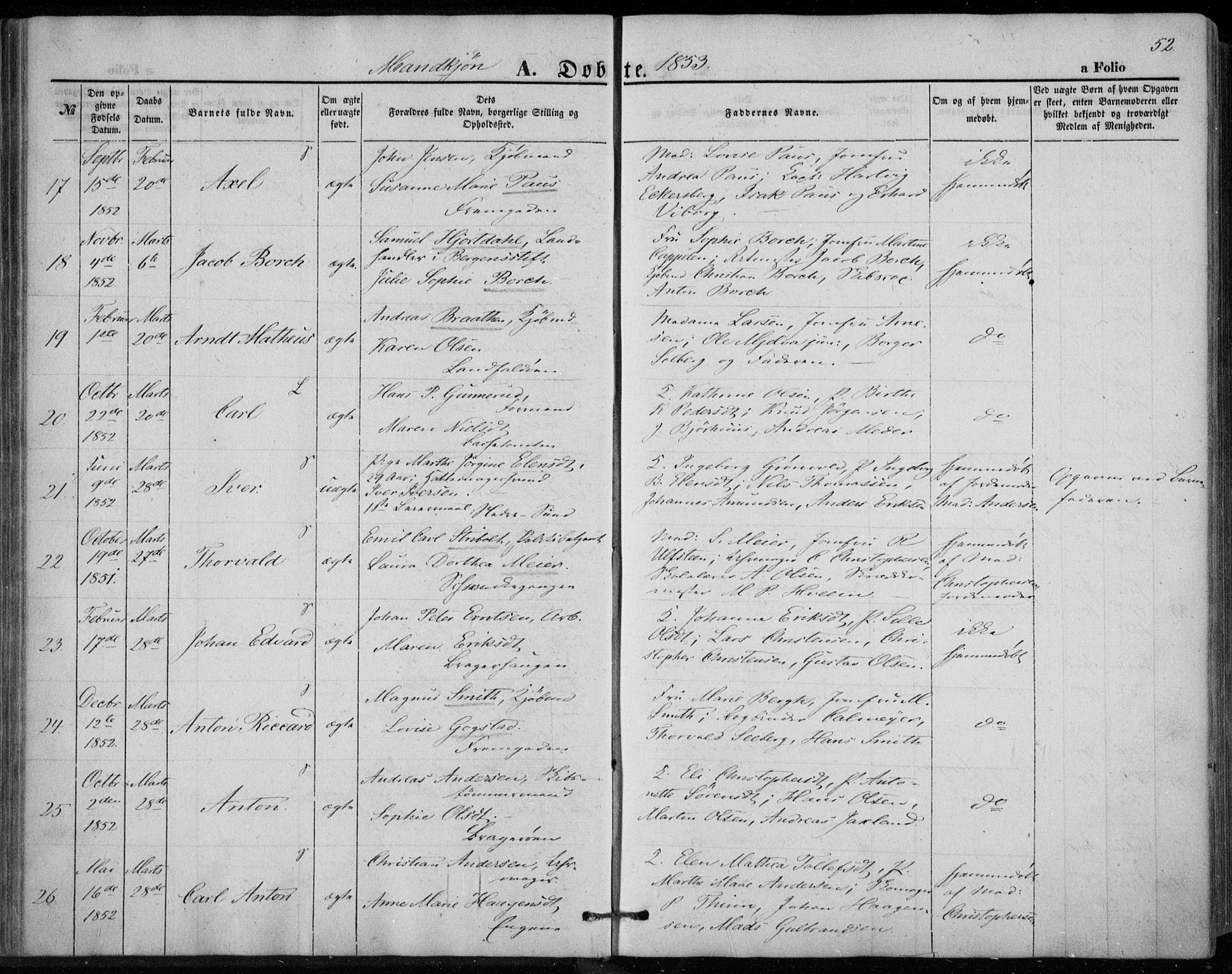 Bragernes kirkebøker, AV/SAKO-A-6/F/Fb/L0002: Parish register (official) no. II 2, 1848-1859, p. 52