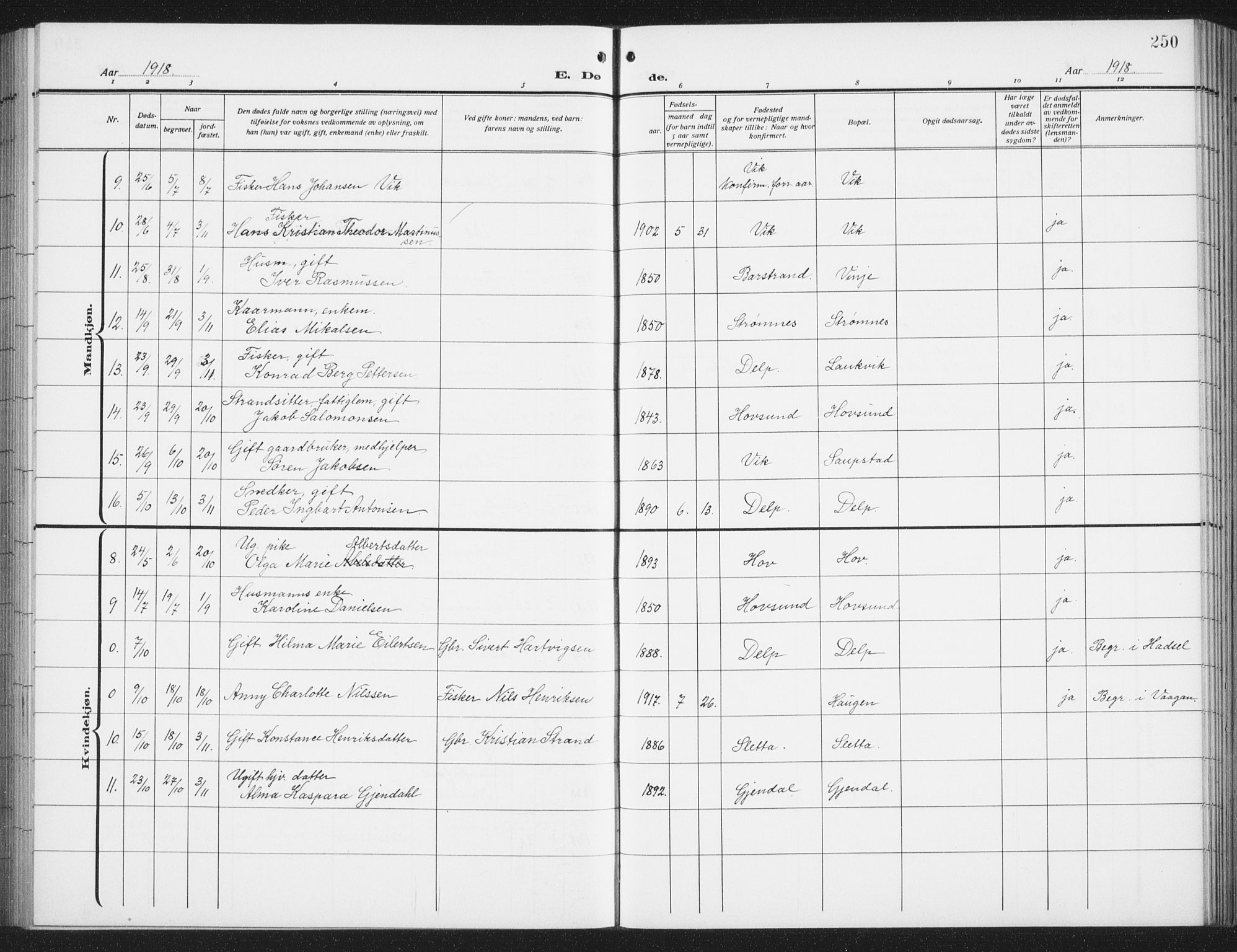 Ministerialprotokoller, klokkerbøker og fødselsregistre - Nordland, AV/SAT-A-1459/876/L1106: Parish register (copy) no. 876C05, 1915-1942, p. 250