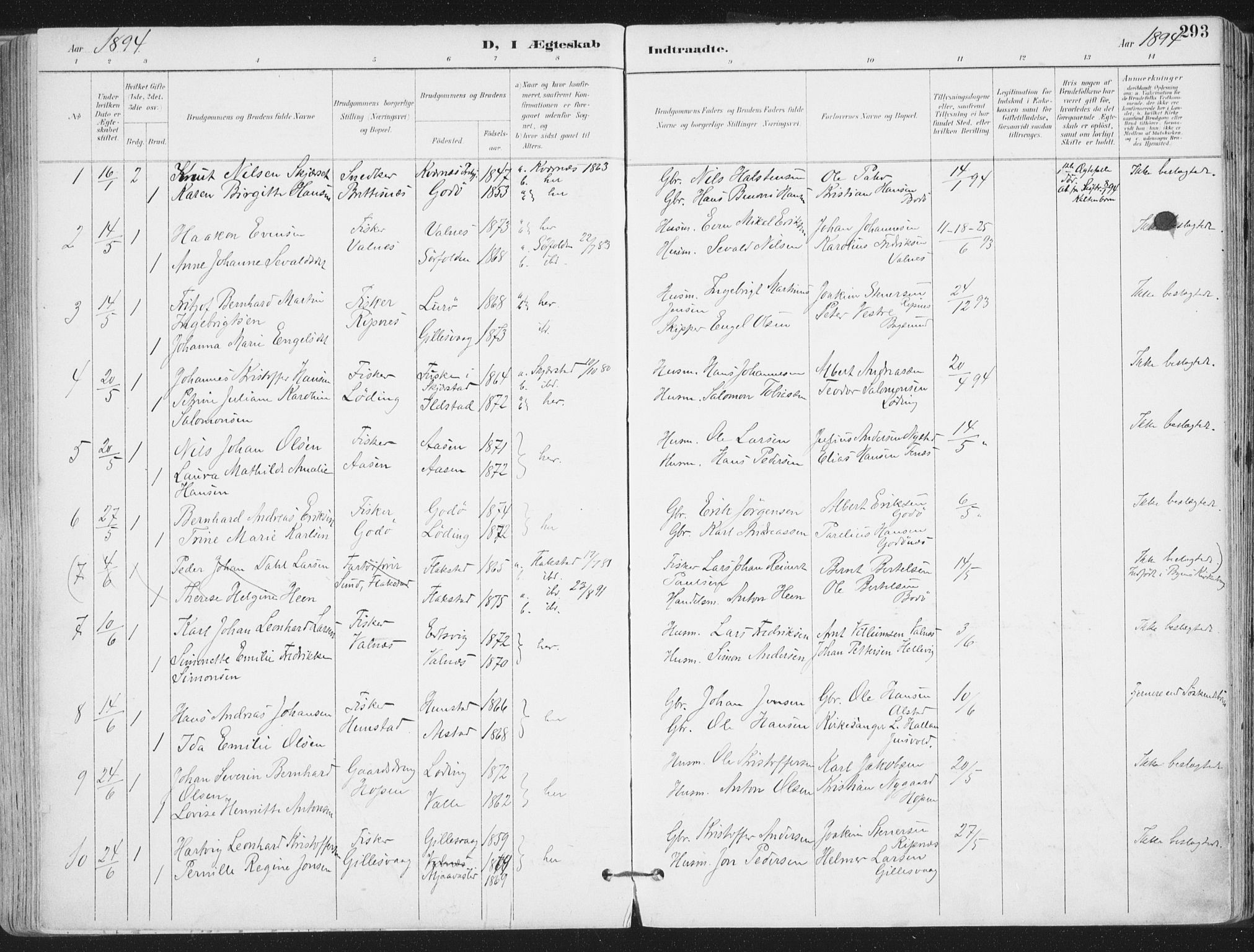 Ministerialprotokoller, klokkerbøker og fødselsregistre - Nordland, AV/SAT-A-1459/802/L0055: Parish register (official) no. 802A02, 1894-1915, p. 293