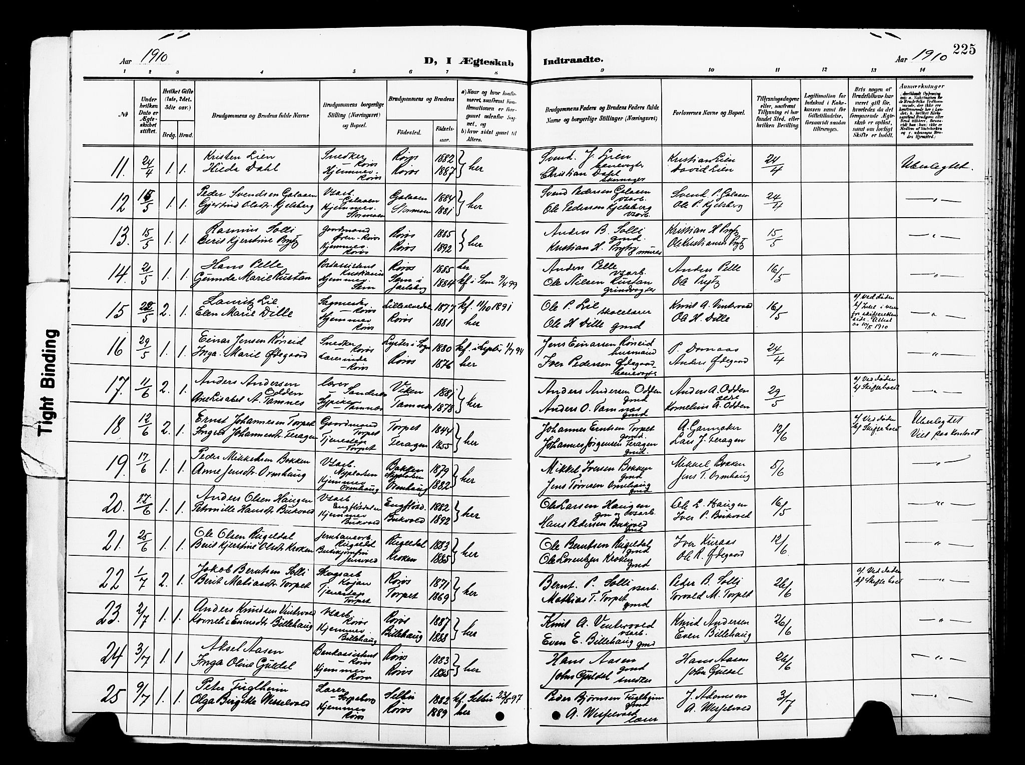 Ministerialprotokoller, klokkerbøker og fødselsregistre - Sør-Trøndelag, SAT/A-1456/681/L0942: Parish register (copy) no. 681C06, 1906-1925, p. 225