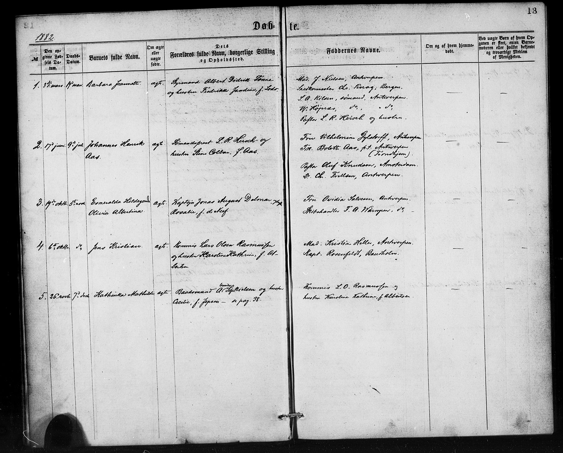 Den norske sjømannsmisjon i utlandet/Antwerpen, SAB/SAB/PA-0105/H/Ha/L0001: Parish register (official) no. A 1, 1865-1887, p. 13