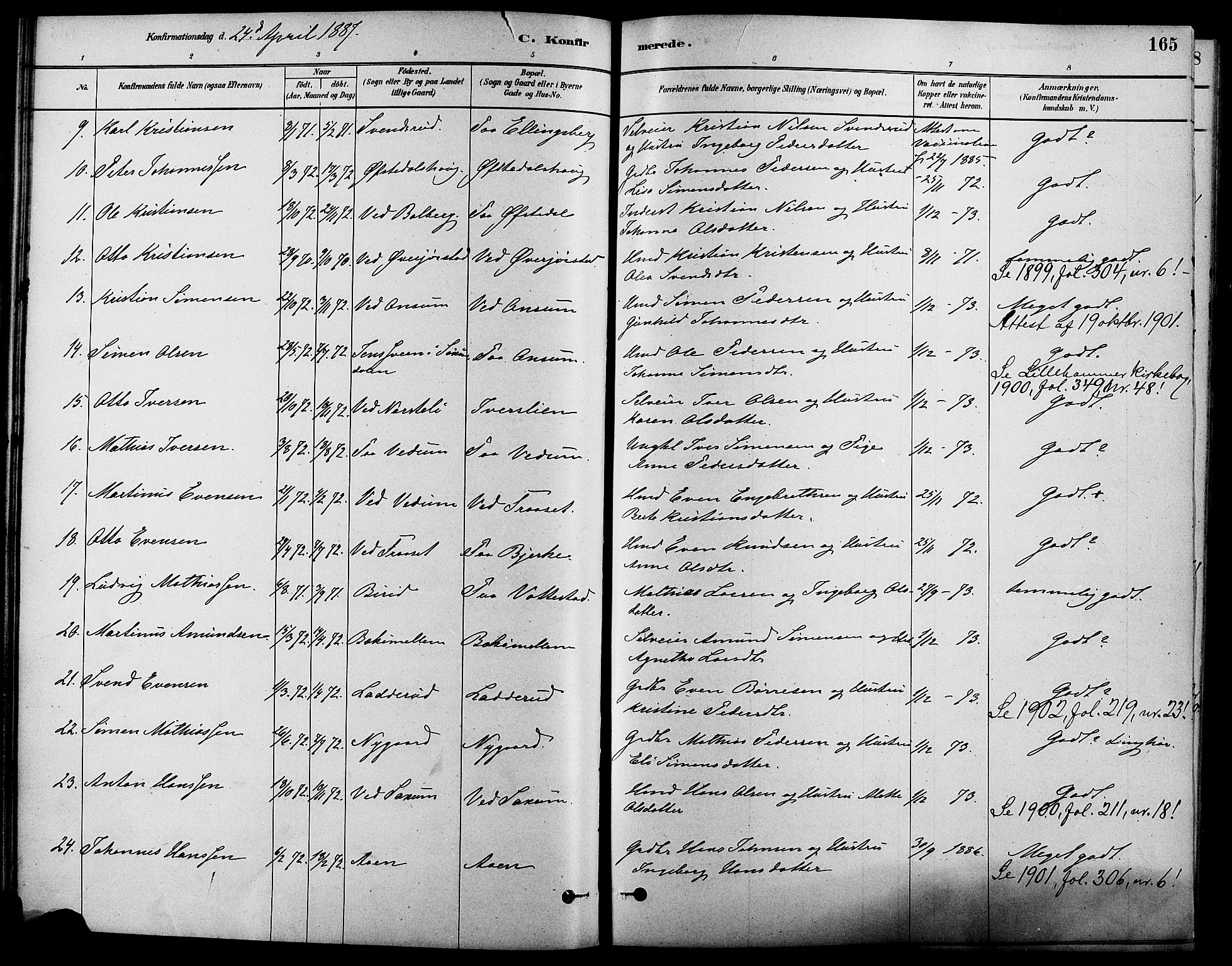 Fåberg prestekontor, SAH/PREST-086/H/Ha/Haa/L0008: Parish register (official) no. 8, 1879-1898, p. 165