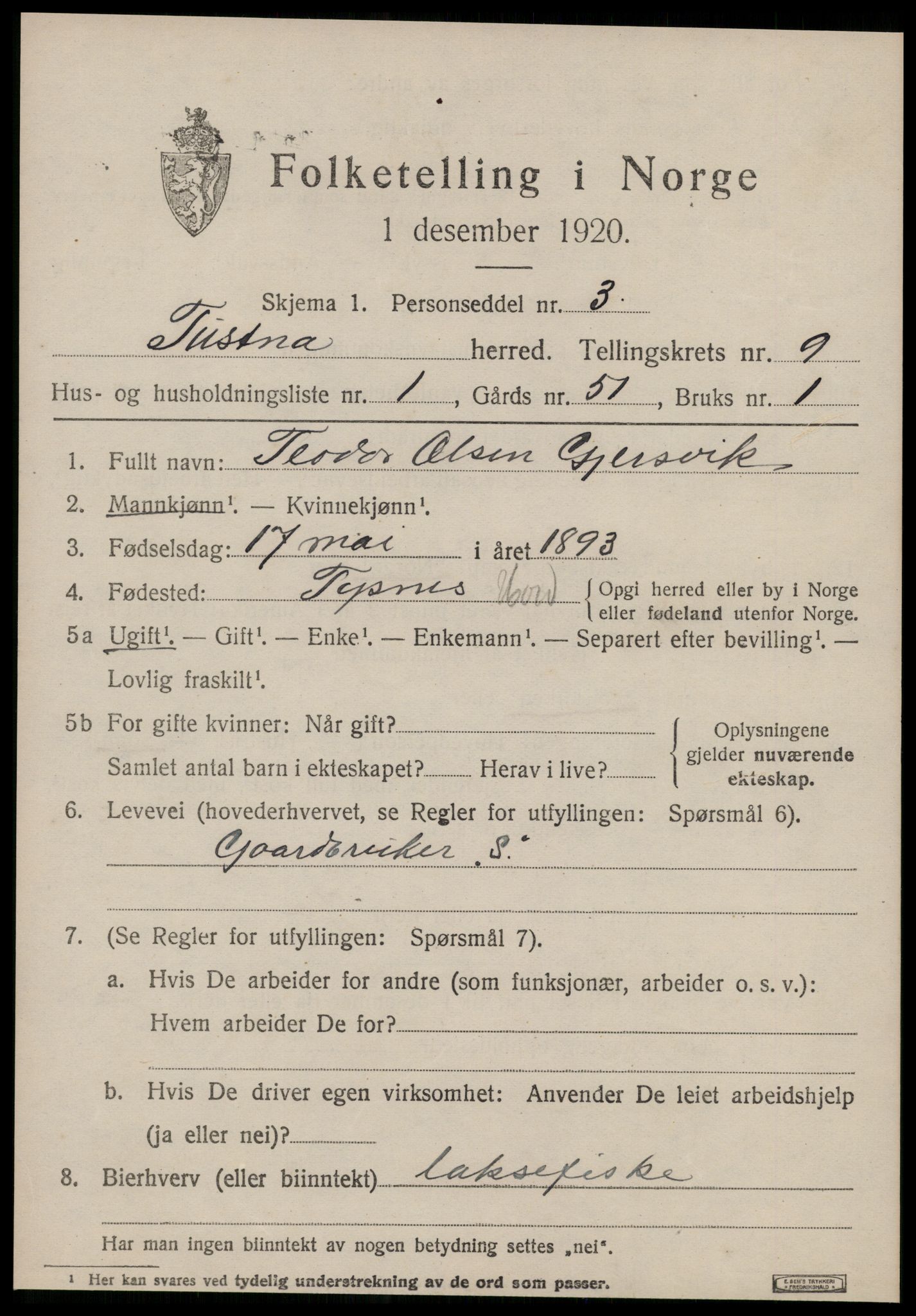 SAT, 1920 census for Tustna, 1920, p. 3829