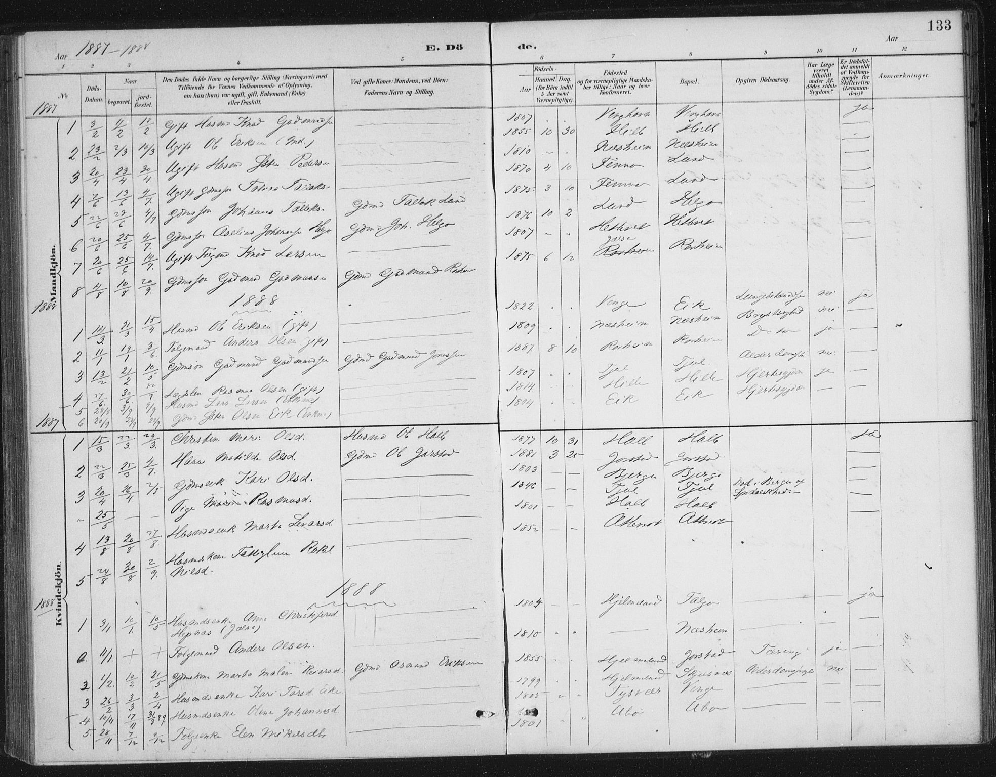 Nedstrand sokneprestkontor, AV/SAST-A-101841/01/IV: Parish register (official) no. A 13, 1887-1915, p. 133