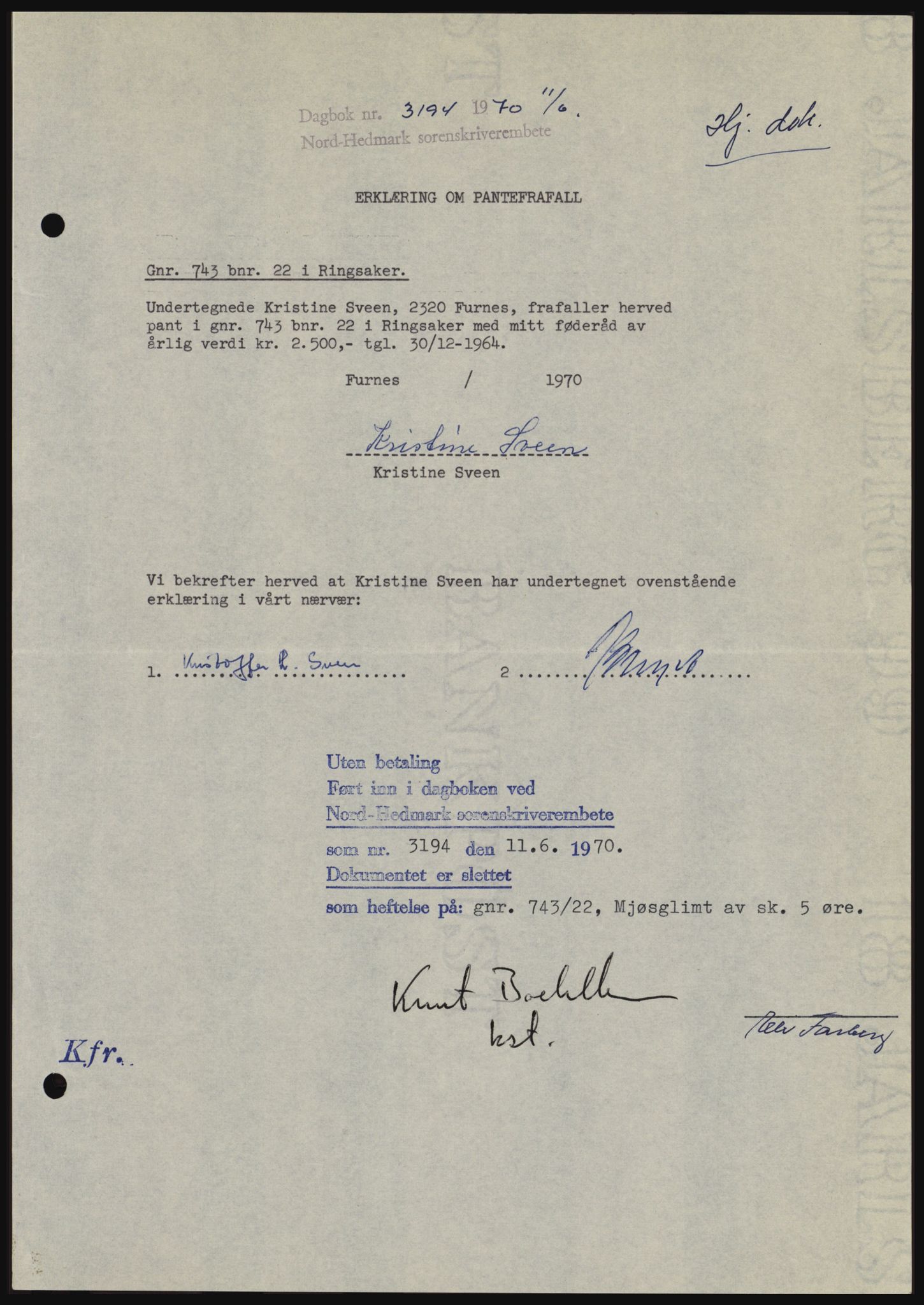 Nord-Hedmark sorenskriveri, SAH/TING-012/H/Hc/L0033: Mortgage book no. 33, 1970-1970, Diary no: : 3194/1970