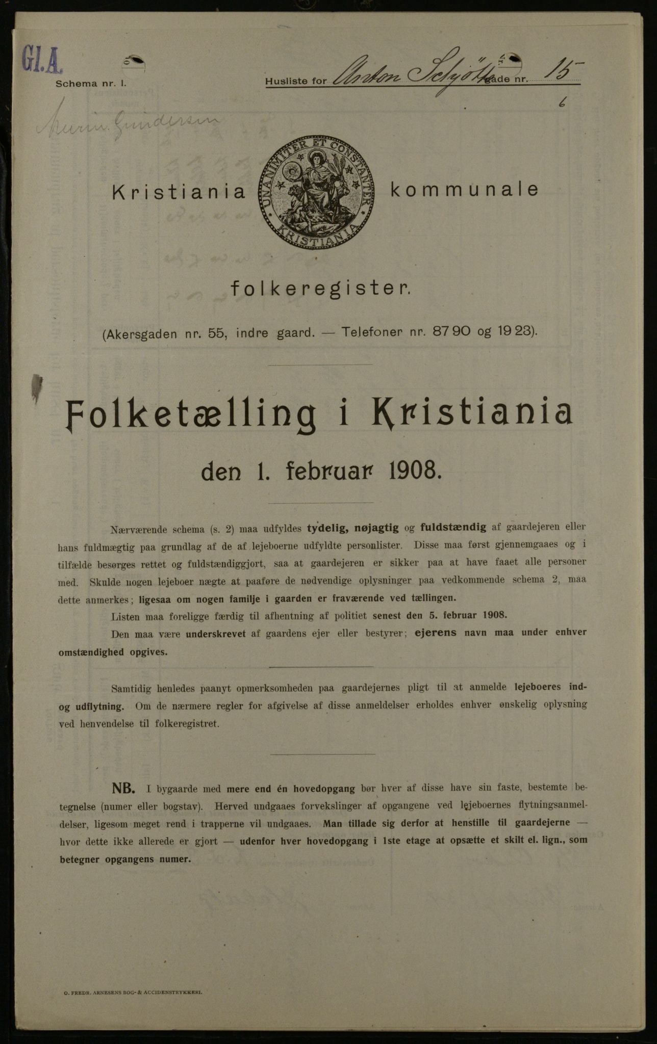 OBA, Municipal Census 1908 for Kristiania, 1908, p. 1545