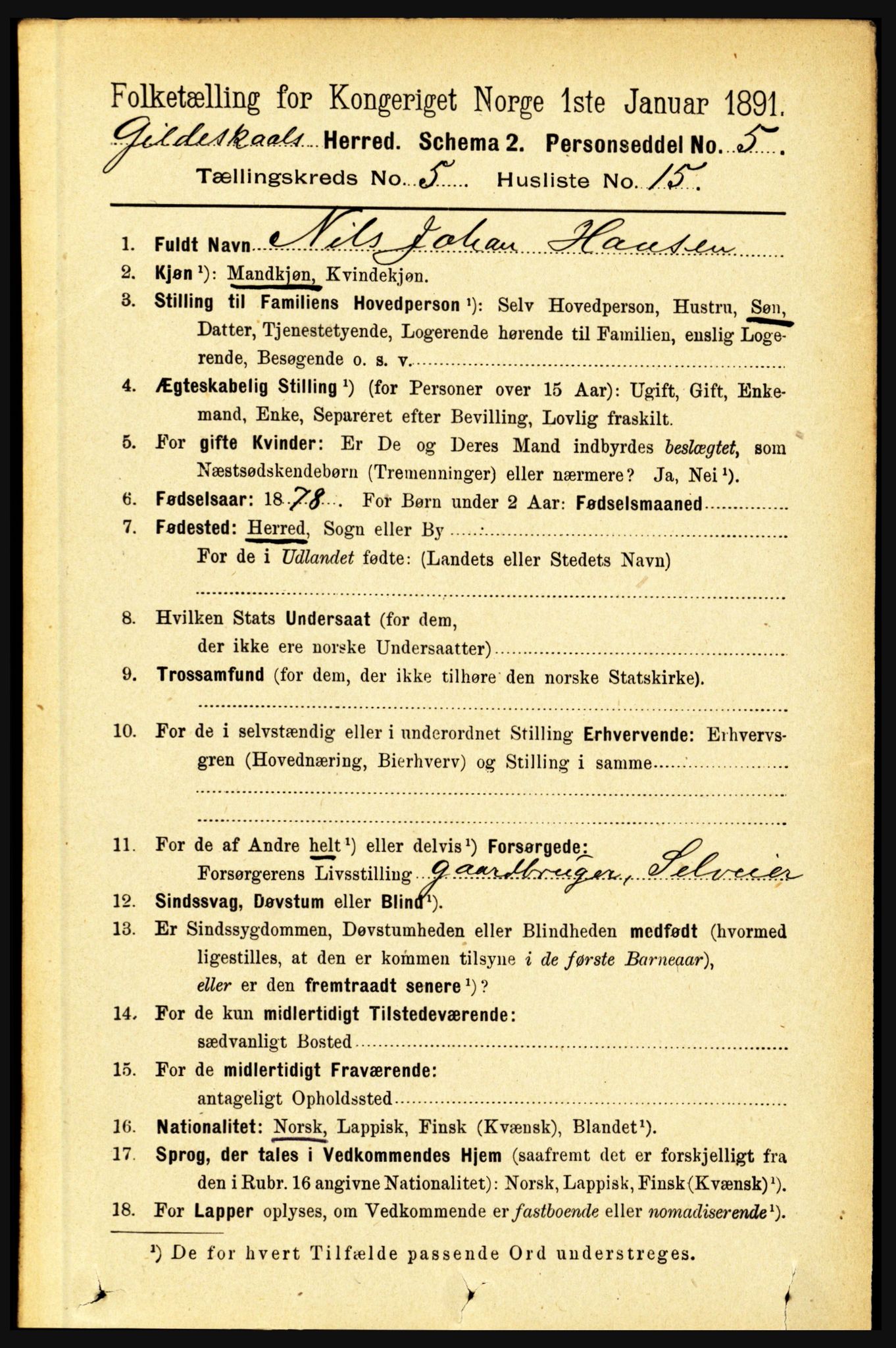 RA, 1891 census for 1838 Gildeskål, 1891, p. 1663