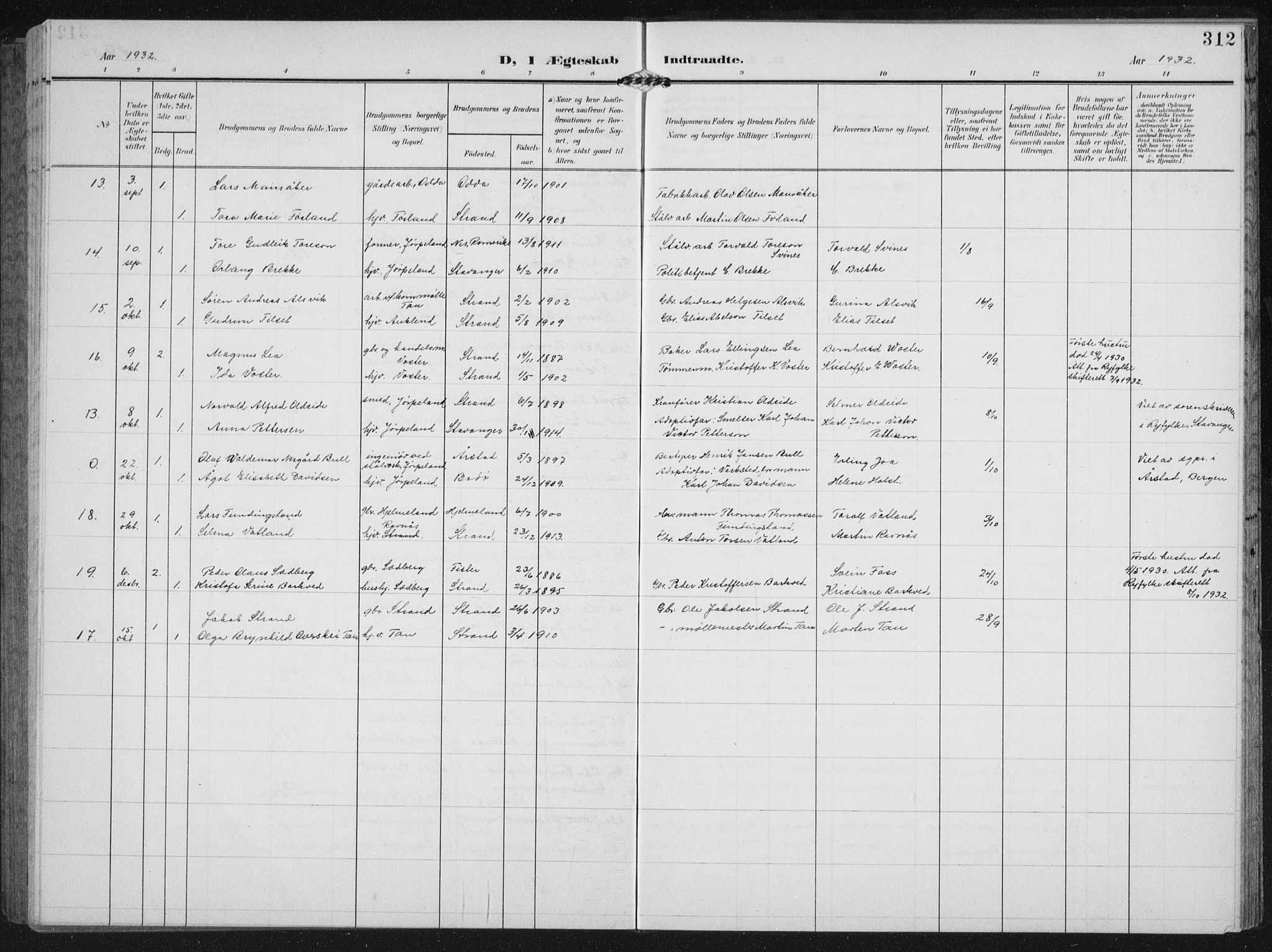 Strand sokneprestkontor, AV/SAST-A-101828/H/Ha/Hab/L0005: Parish register (copy) no. B 5, 1904-1934, p. 312