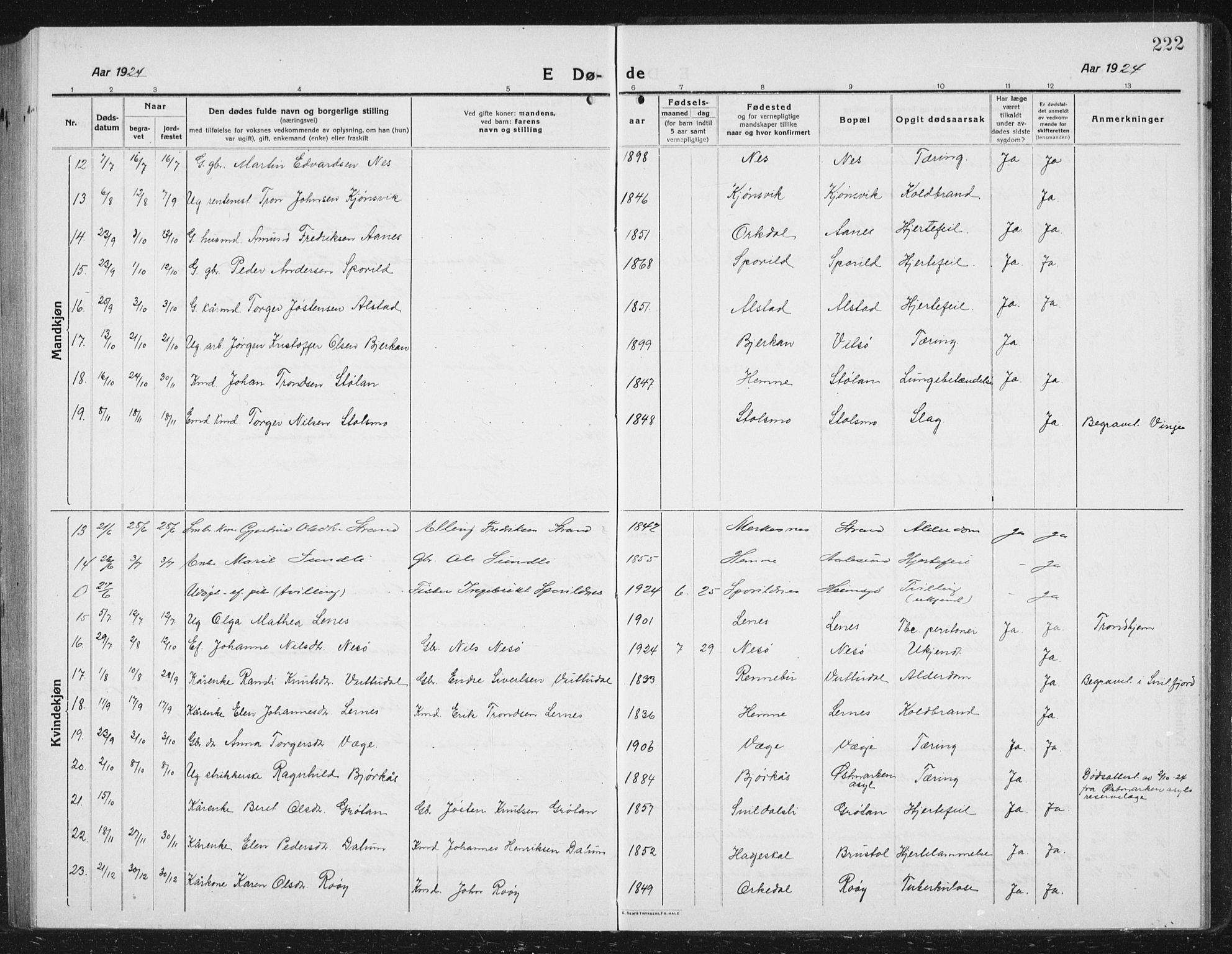 Ministerialprotokoller, klokkerbøker og fødselsregistre - Sør-Trøndelag, SAT/A-1456/630/L0506: Parish register (copy) no. 630C04, 1914-1933, p. 222