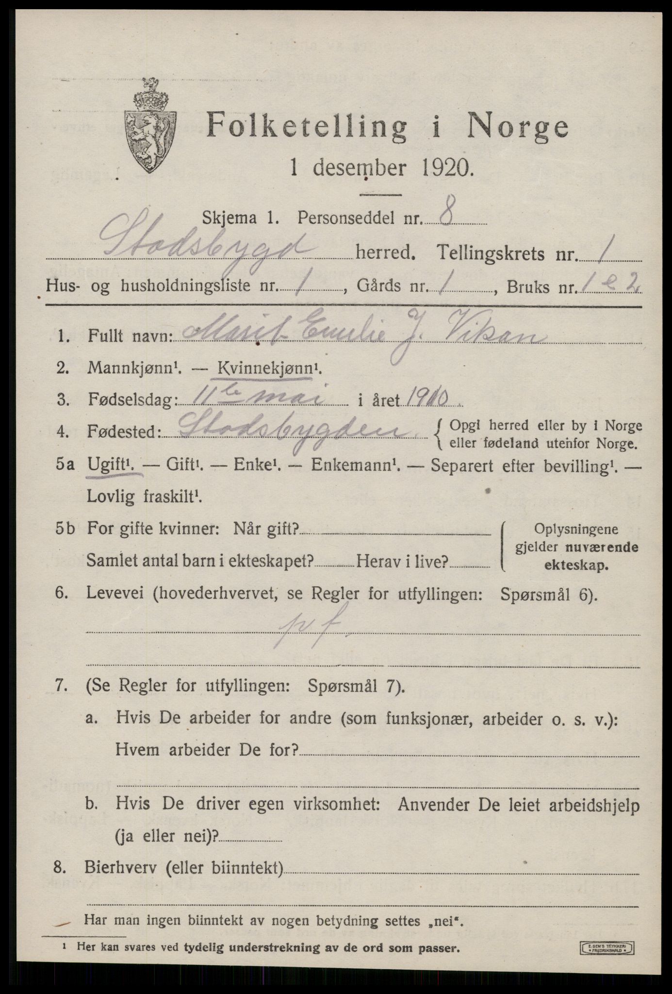 SAT, 1920 census for Stadsbygd, 1920, p. 680