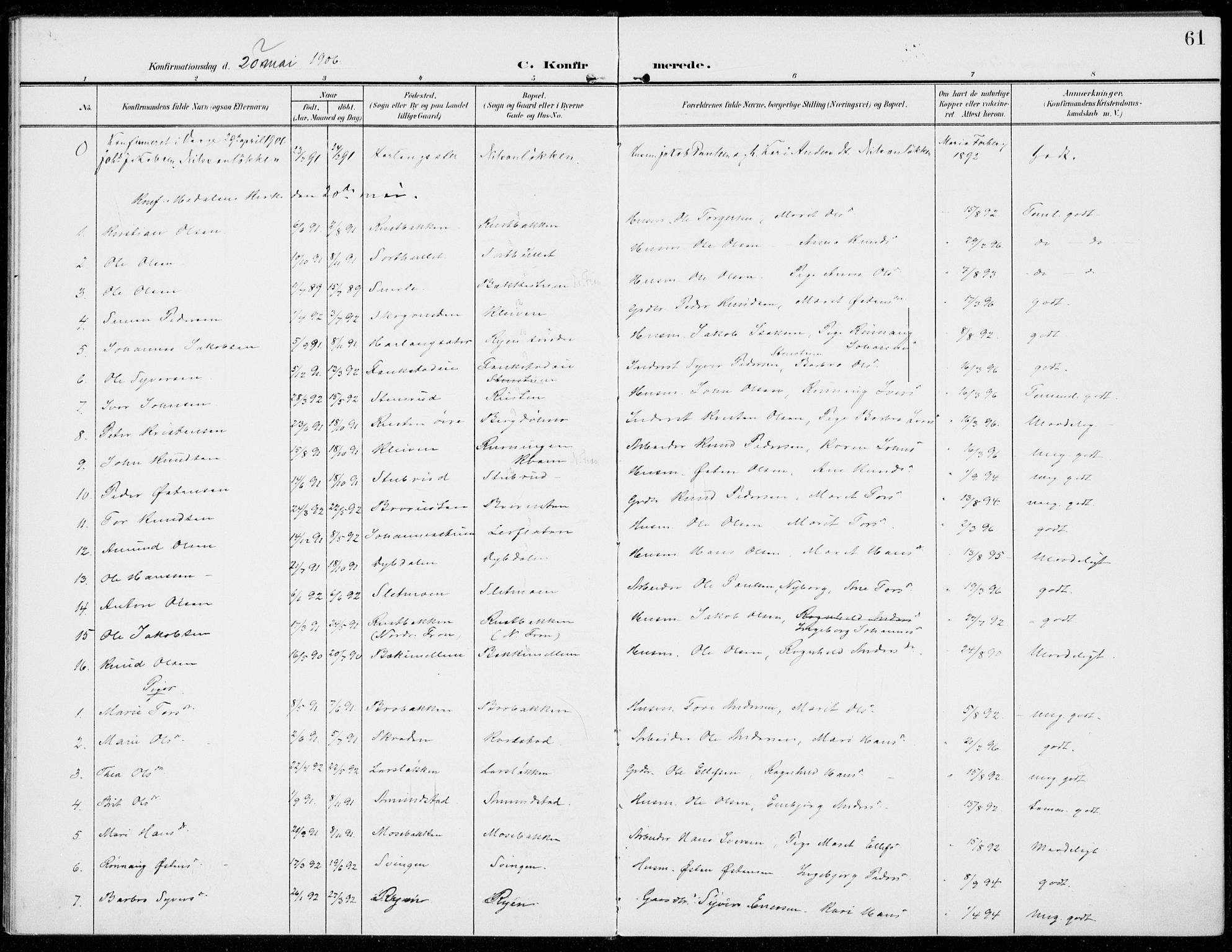 Sel prestekontor, SAH/PREST-074/H/Ha/Haa/L0001: Parish register (official) no. 1, 1905-1922, p. 61