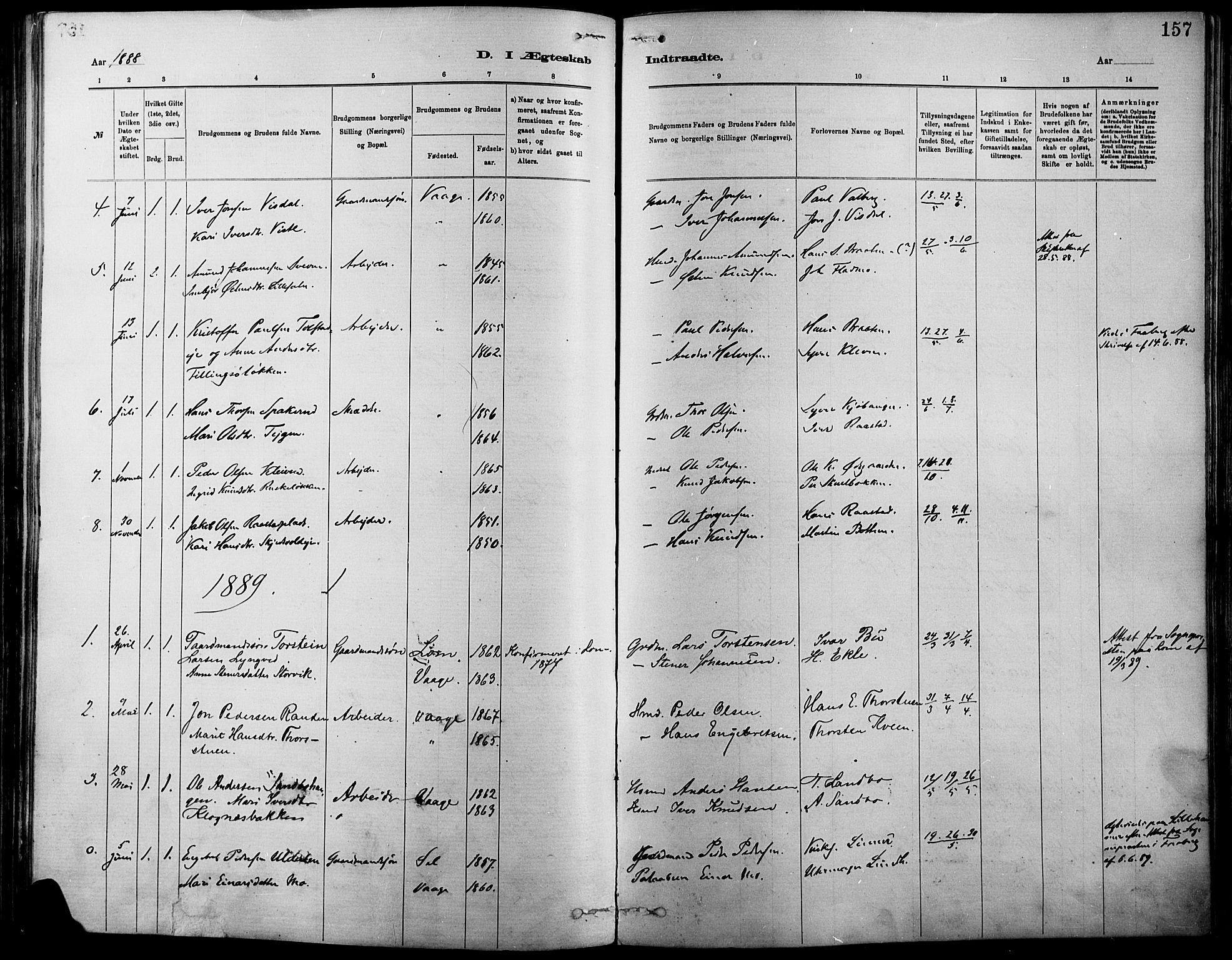 Vågå prestekontor, SAH/PREST-076/H/Ha/Haa/L0009: Parish register (official) no. 9, 1886-1904, p. 157