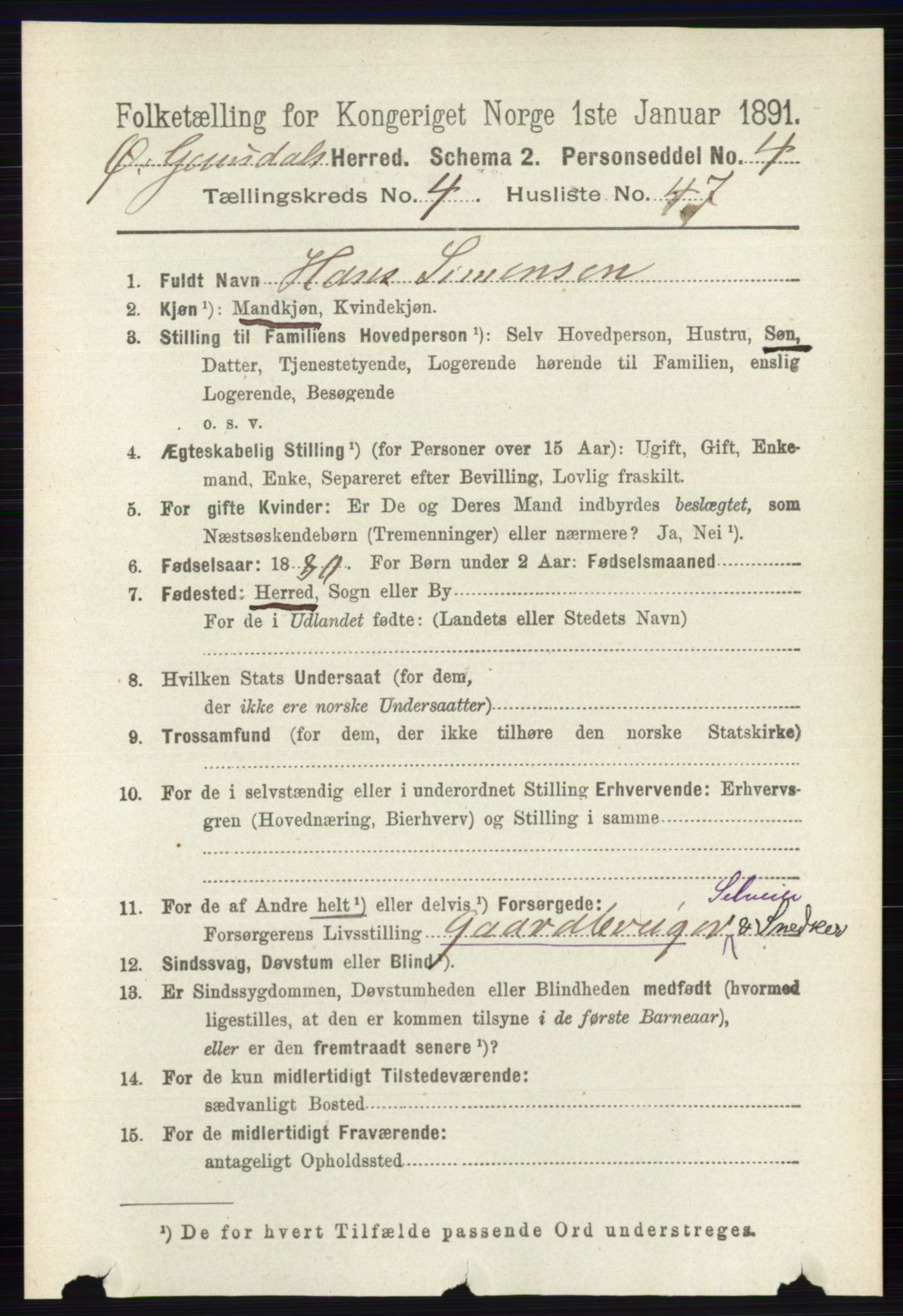 RA, 1891 census for 0522 Østre Gausdal, 1891, p. 2810