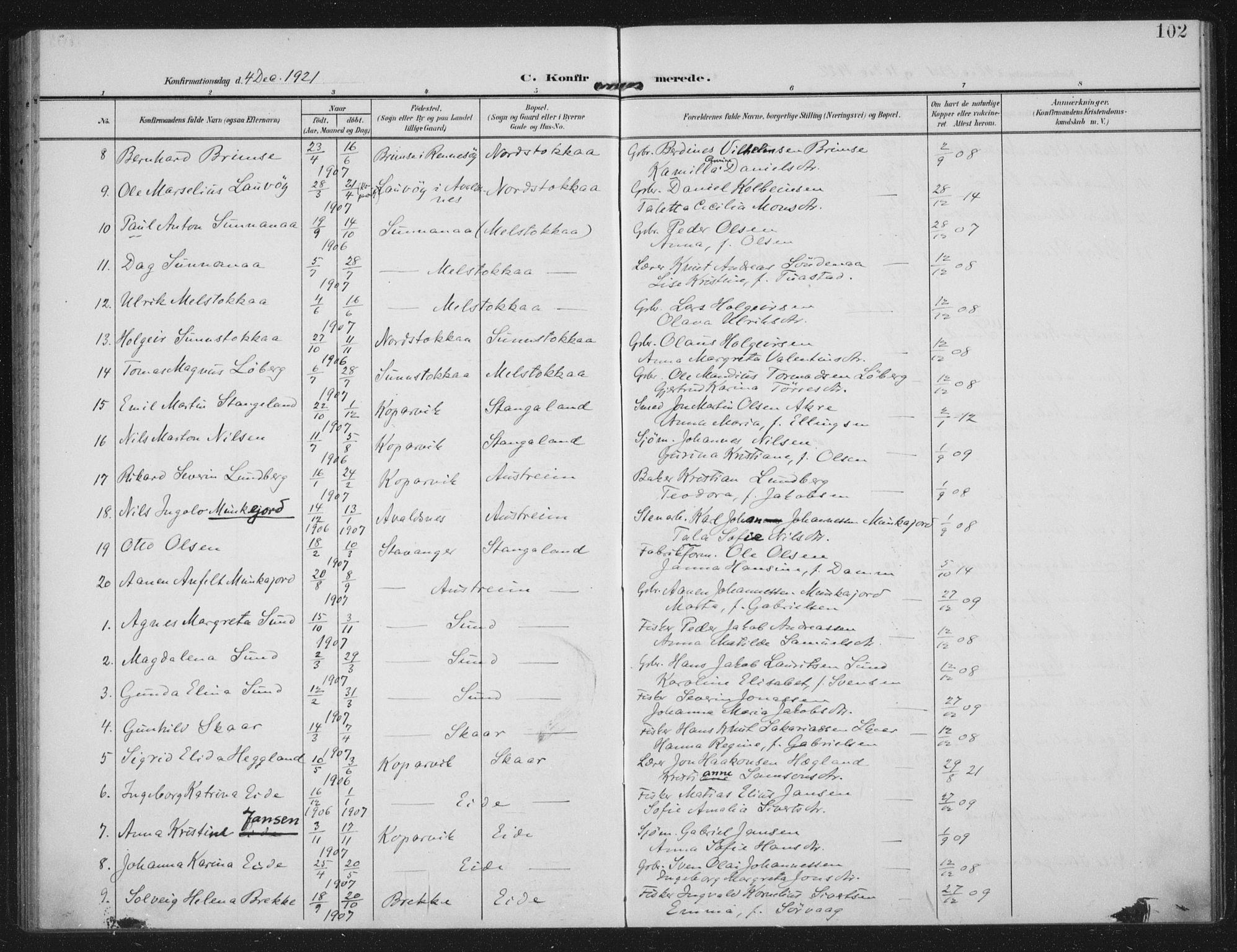 Kopervik sokneprestkontor, AV/SAST-A-101850/H/Ha/Haa/L0003: Parish register (official) no. A 3, 1906-1924, p. 102