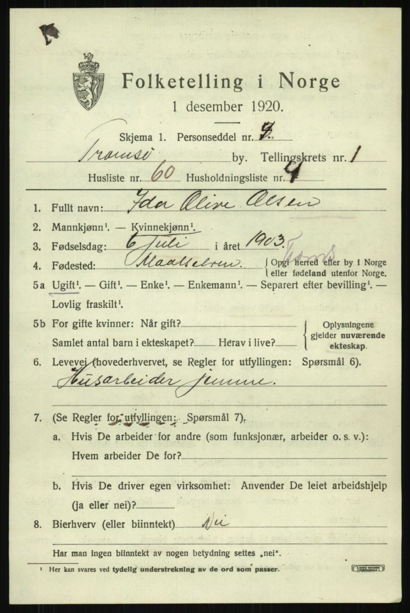 SATØ, 1920 census for Tromsø, 1920, p. 8051