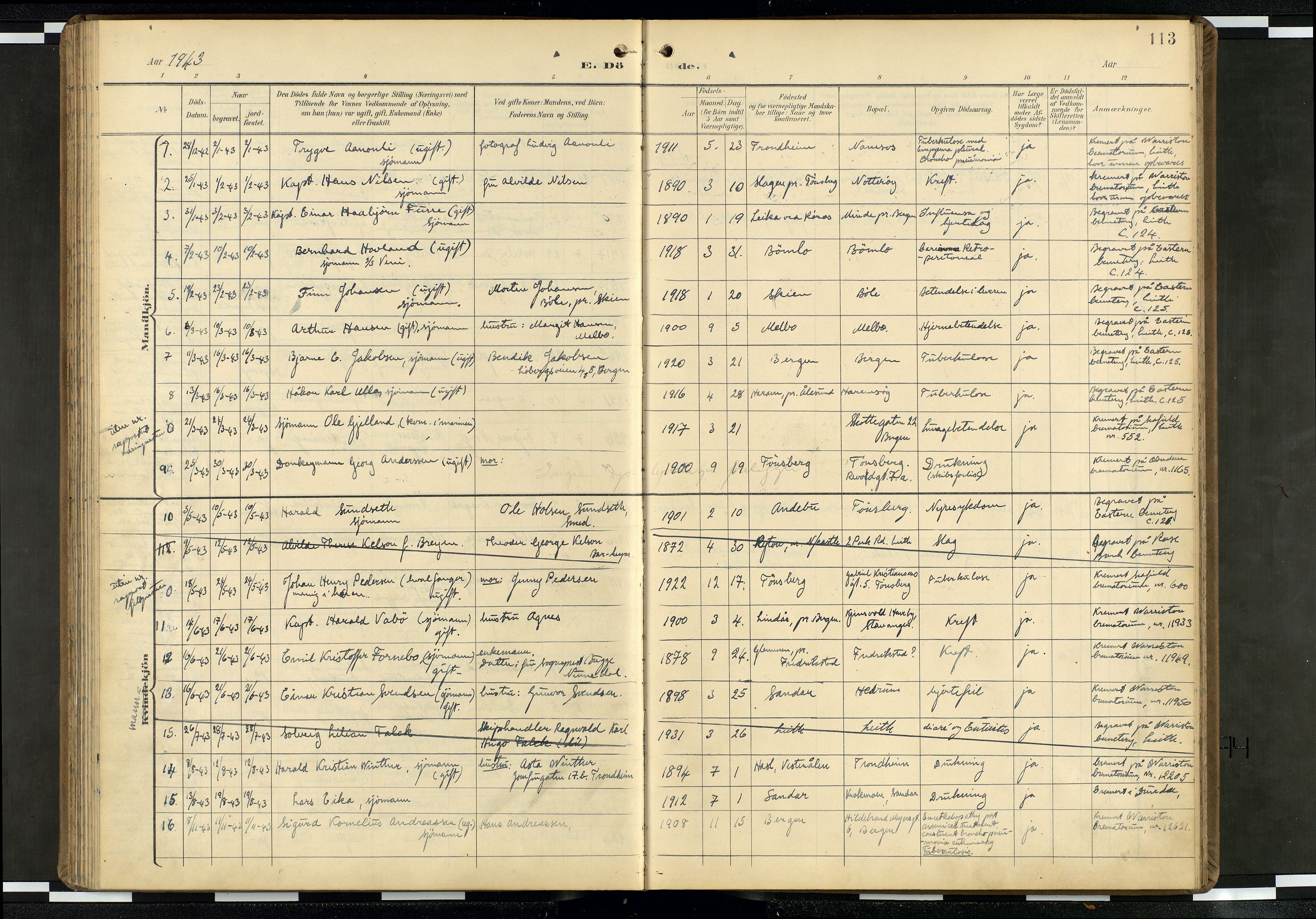 Den norske sjømannsmisjon i utlandet/Skotske havner (Leith, Glasgow), SAB/SAB/PA-0100/H/Ha/Haa/L0004: Parish register (official) no. A 4, 1899-1949, p. 112b-113a