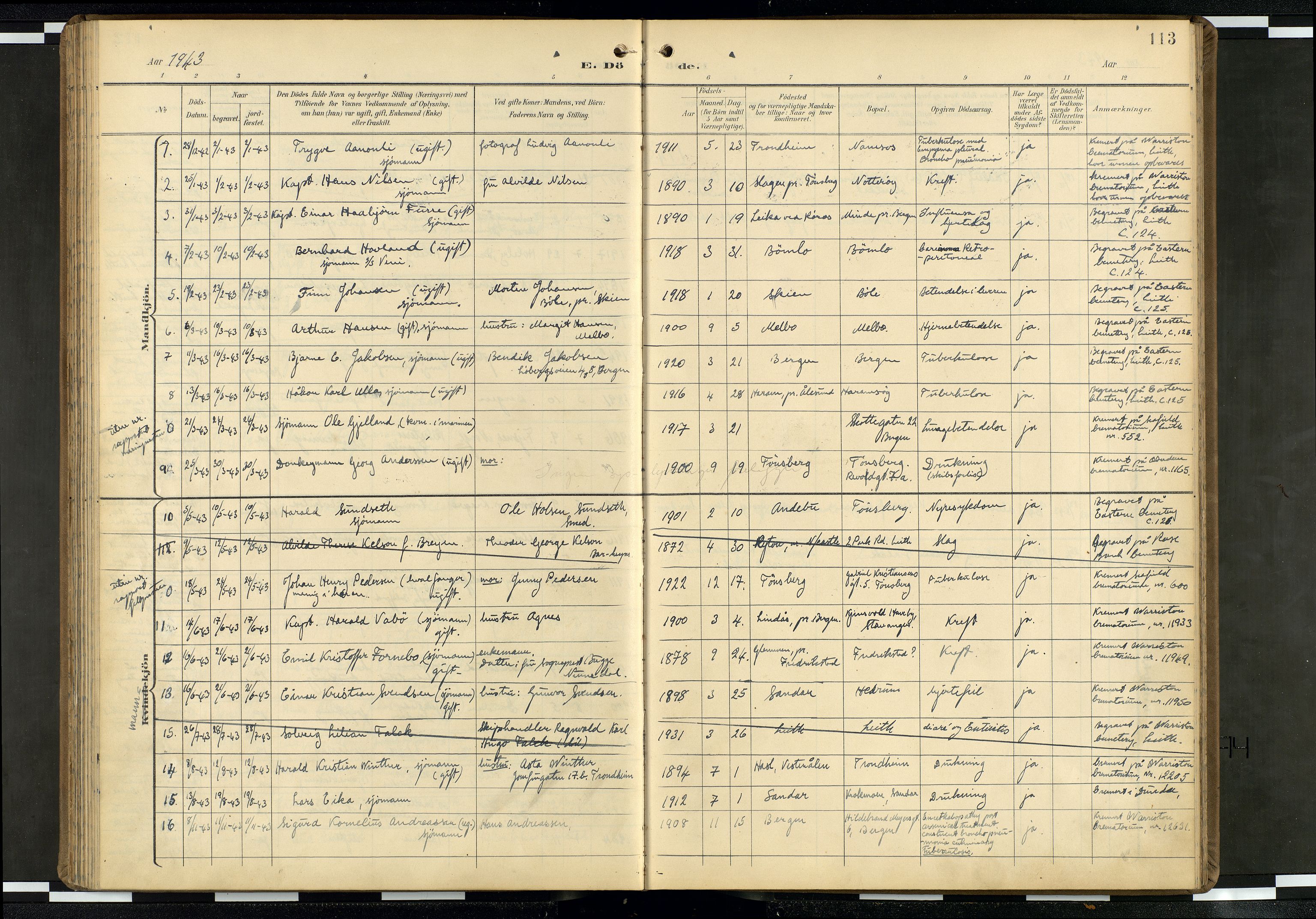 Den norske sjømannsmisjon i utlandet/Skotske havner (Leith, Glasgow), AV/SAB-SAB/PA-0100/H/Ha/Haa/L0004: Parish register (official) no. A 4, 1899-1949, p. 112b-113a