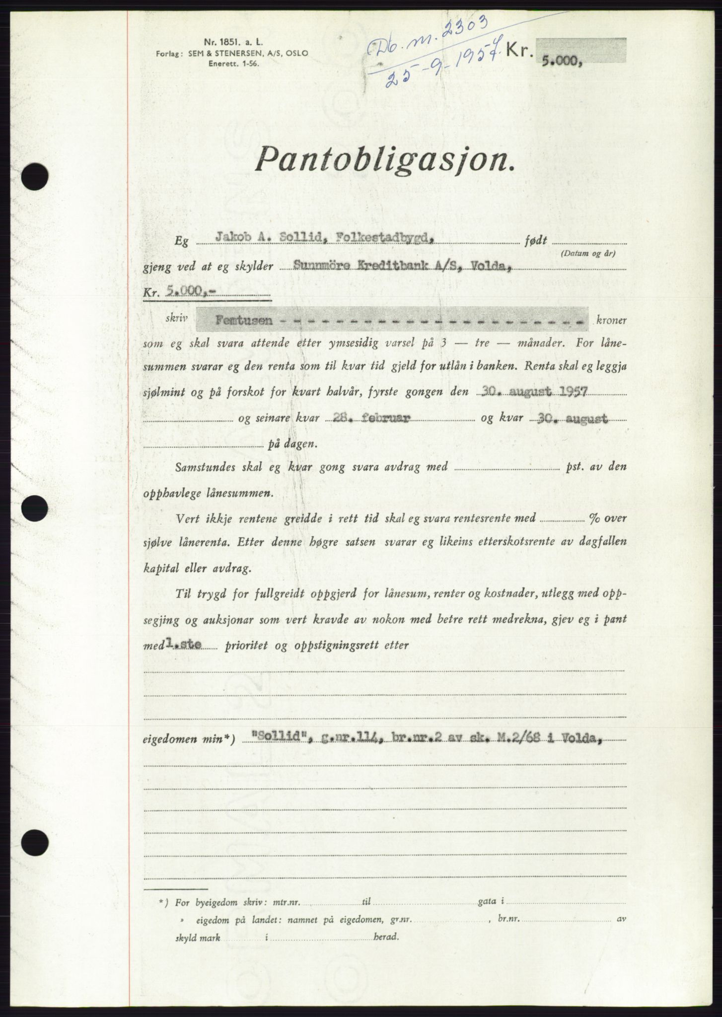 Søre Sunnmøre sorenskriveri, AV/SAT-A-4122/1/2/2C/L0130: Mortgage book no. 18B, 1957-1958, Diary no: : 2303/1957