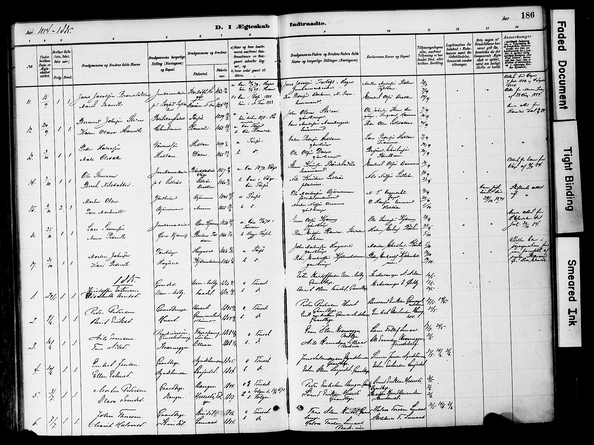 Tynset prestekontor, SAH/PREST-058/H/Ha/Haa/L0022: Parish register (official) no. 22, 1880-1899, p. 186