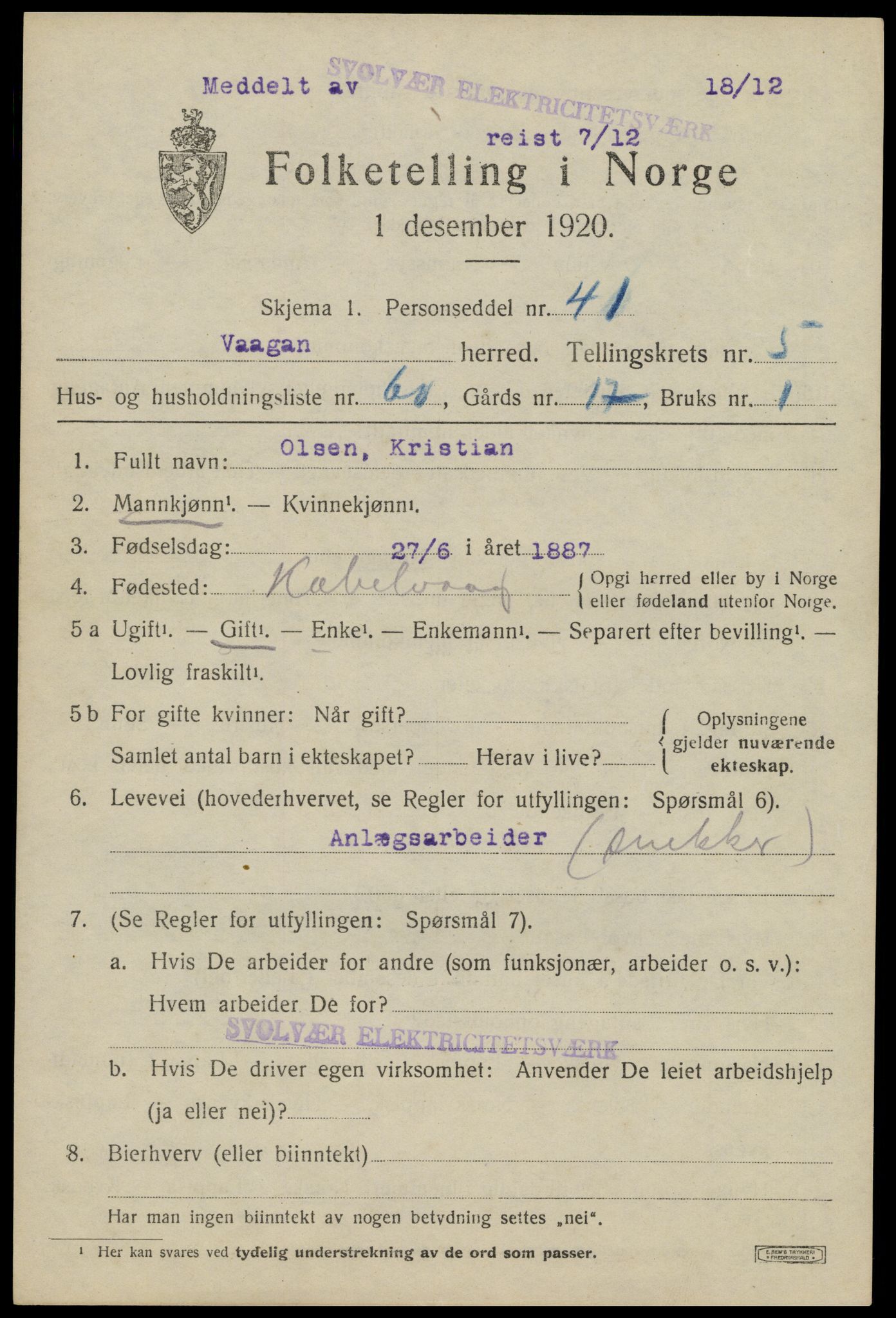 SAT, 1920 census for Vågan, 1920, p. 6121