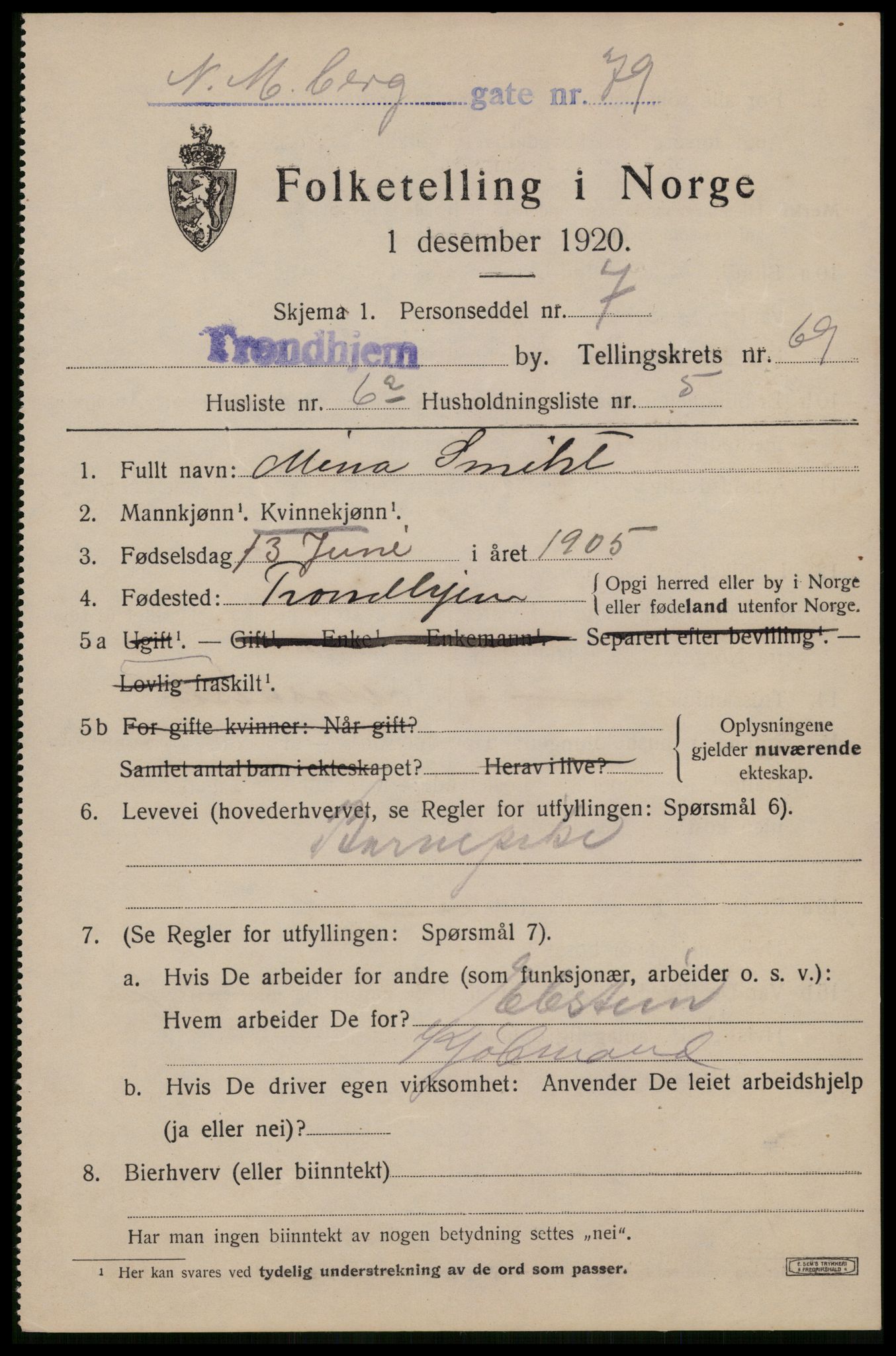 SAT, 1920 census for Trondheim, 1920, p. 136460