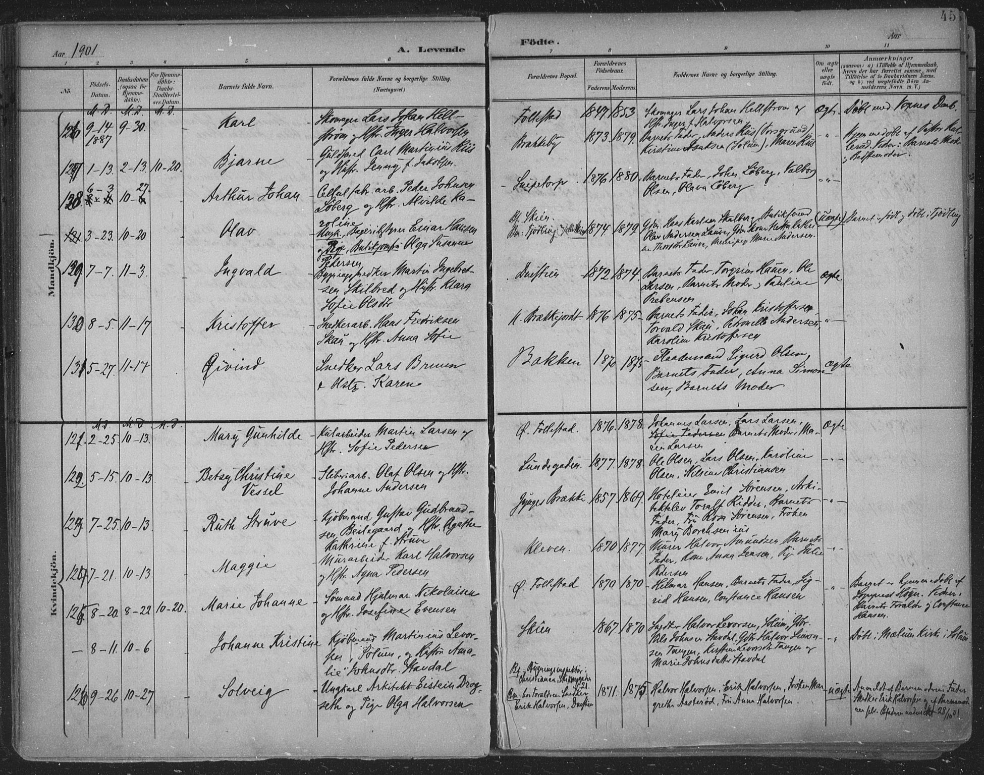 Skien kirkebøker, SAKO/A-302/F/Fa/L0011: Parish register (official) no. 11, 1900-1907, p. 45
