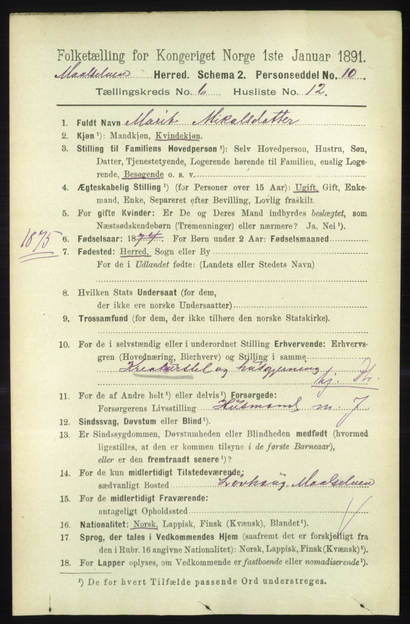 RA, 1891 census for 1924 Målselv, 1891, p. 2133