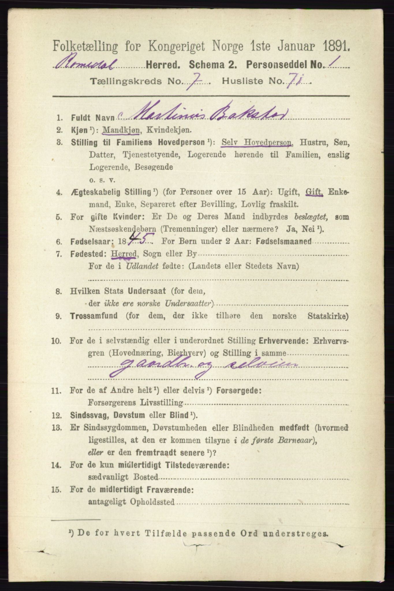 RA, 1891 census for 0416 Romedal, 1891, p. 3897