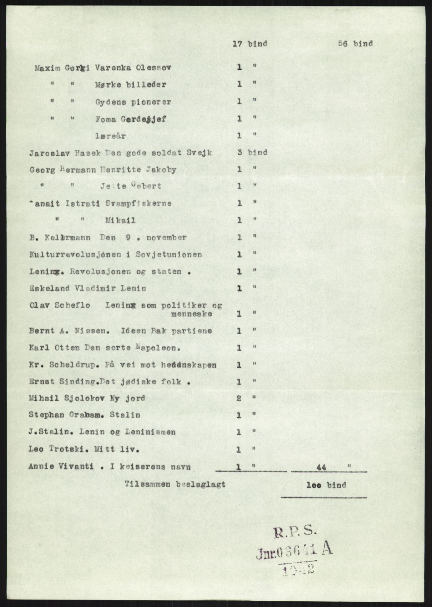 Statspolitiet - Hovedkontoret / Osloavdelingen, AV/RA-S-1329/F/L0091: Beslaglagt litteratur, 1941-1943, p. 543