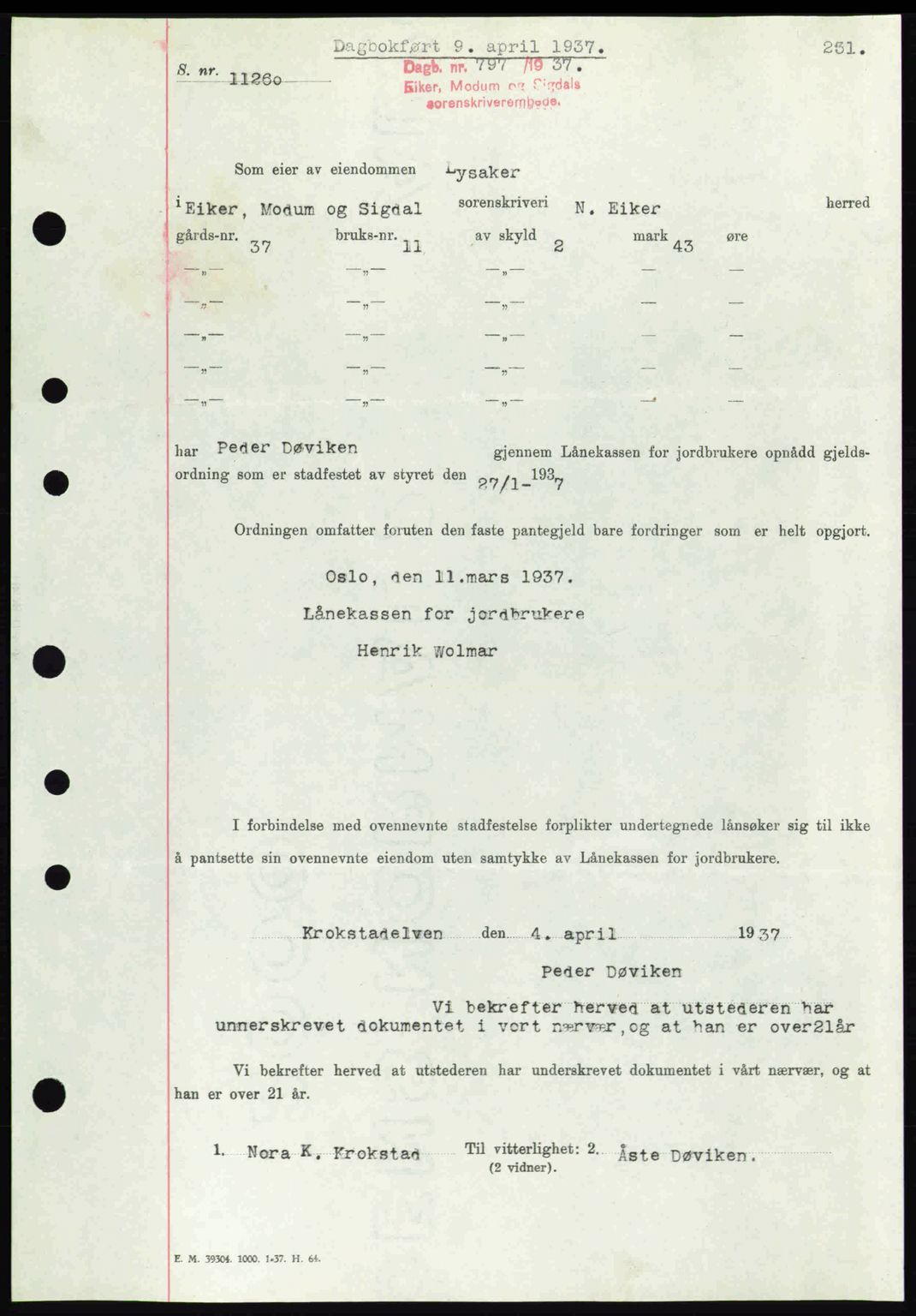 Eiker, Modum og Sigdal sorenskriveri, SAKO/A-123/G/Ga/Gab/L0035: Mortgage book no. A5, 1937-1937, Diary no: : 797/1937