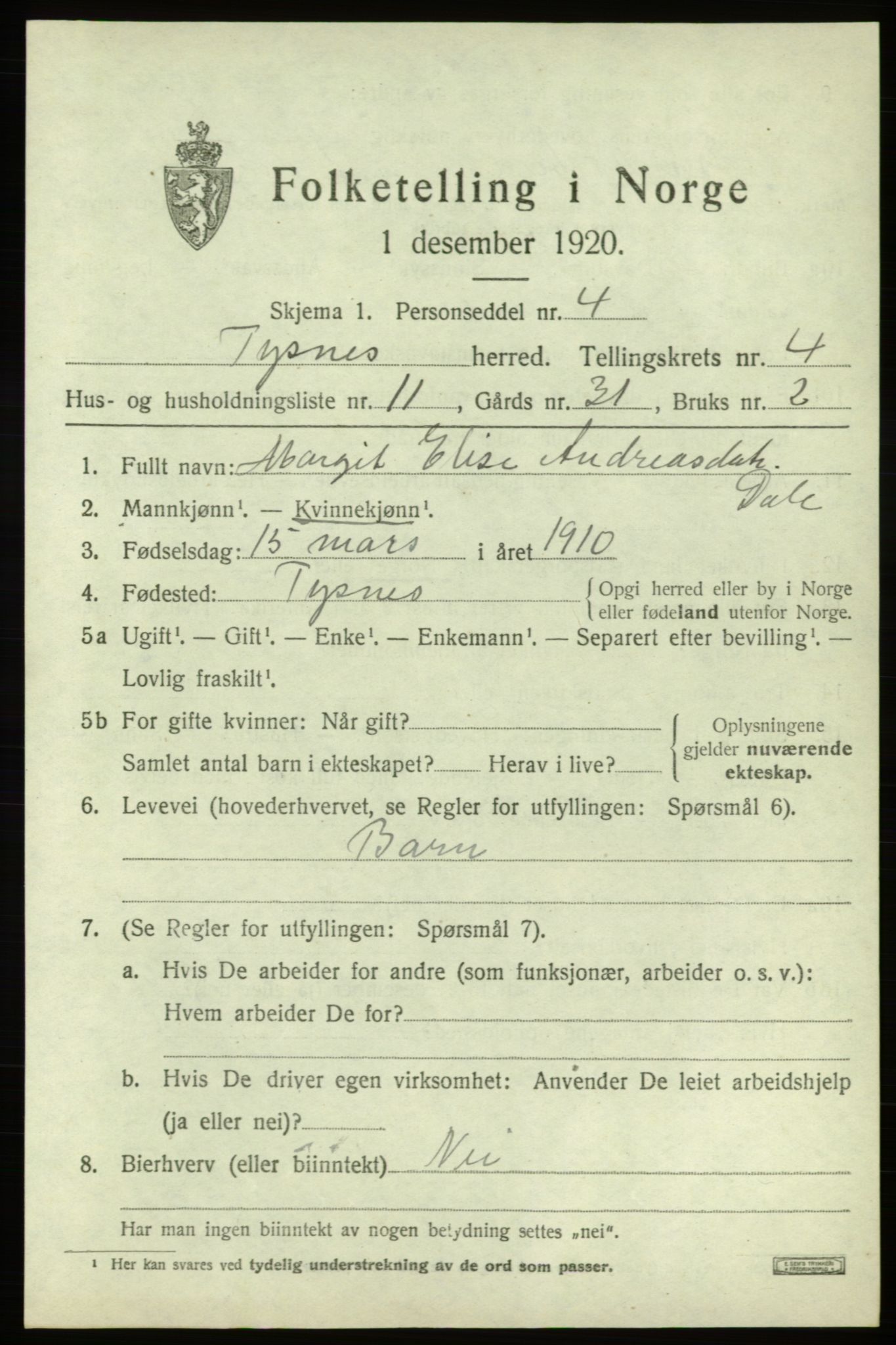 SAB, 1920 census for Tysnes, 1920, p. 3318