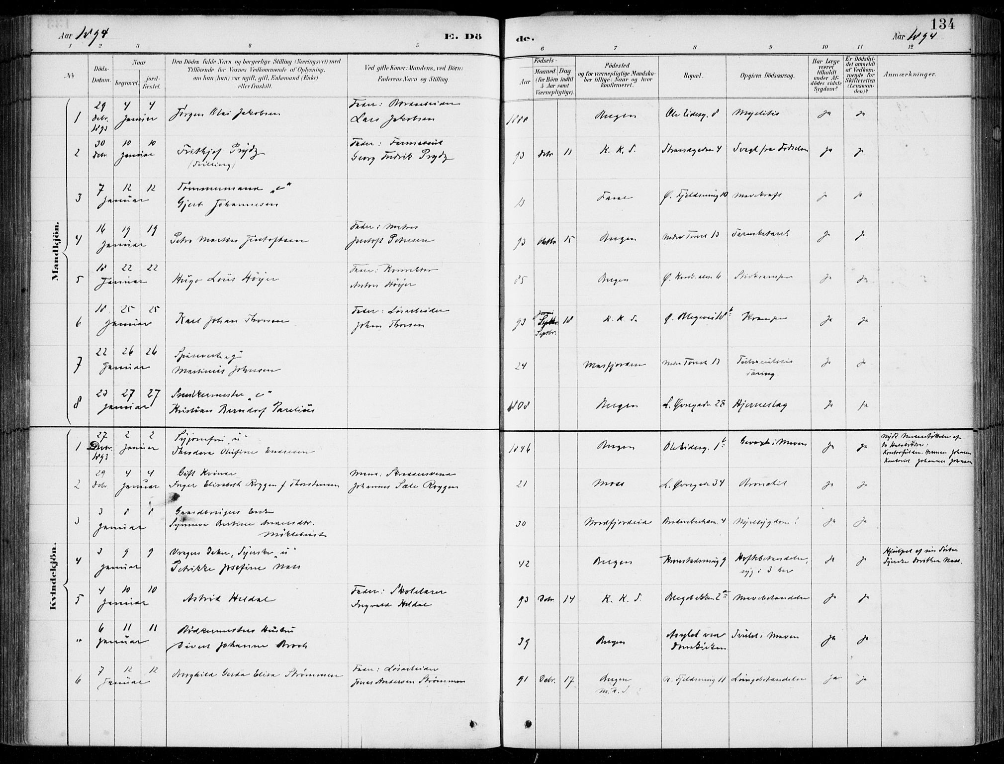 Korskirken sokneprestembete, SAB/A-76101/H/Hab: Parish register (copy) no. E 4, 1884-1910, p. 134