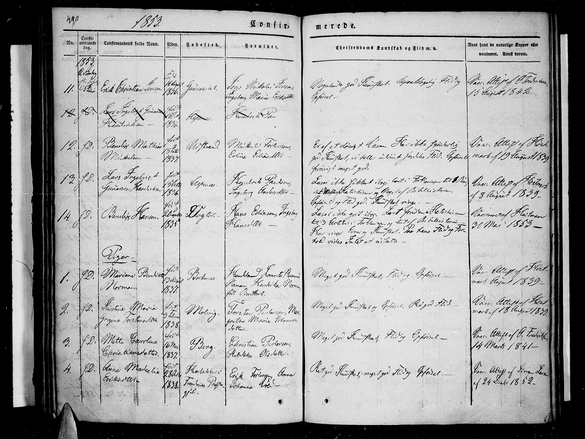 Kvæfjord sokneprestkontor, AV/SATØ-S-1323/G/Ga/Gaa/L0003kirke: Parish register (official) no. 3, 1830-1857, p. 490