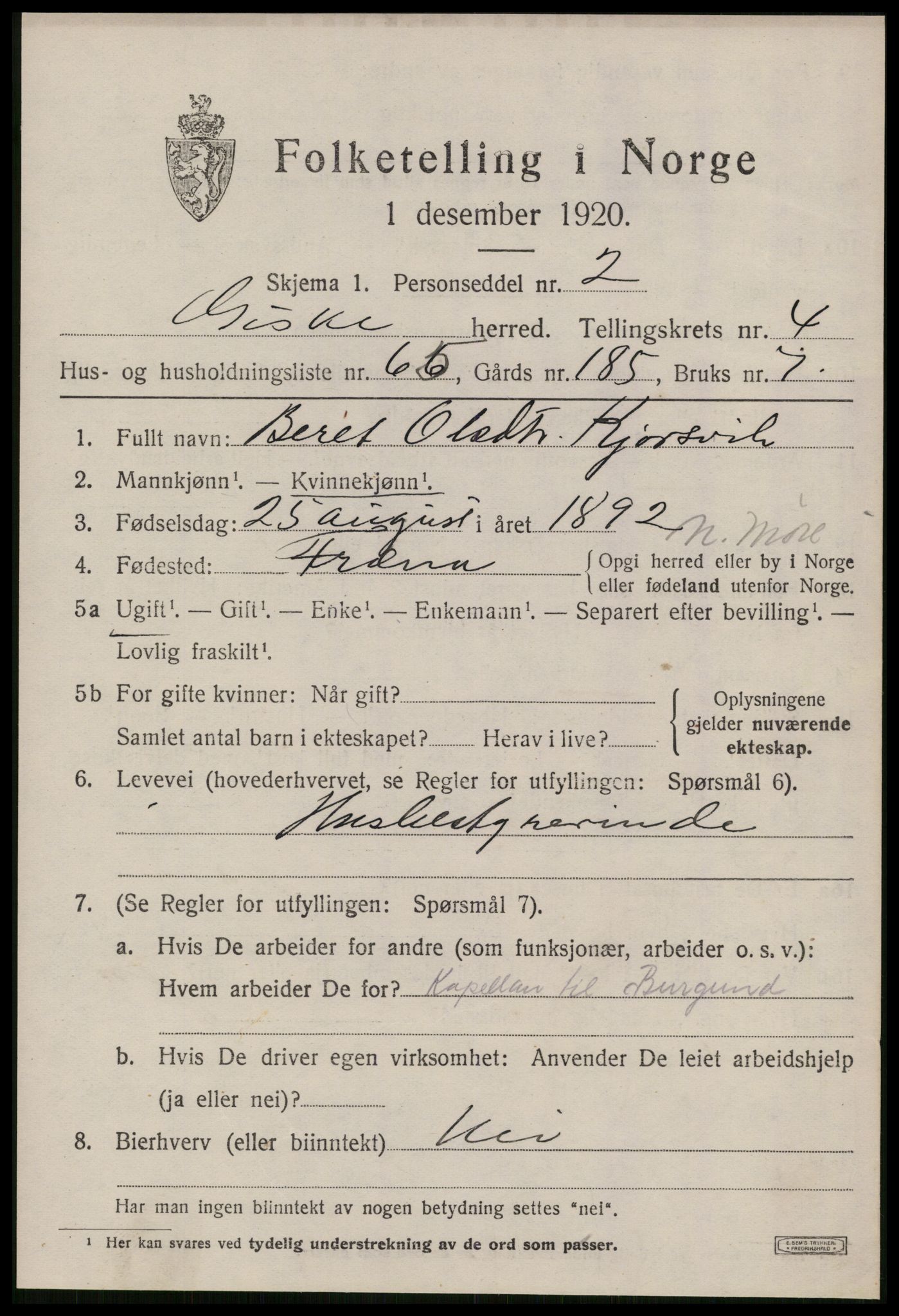 SAT, 1920 census for Giske, 1920, p. 3624