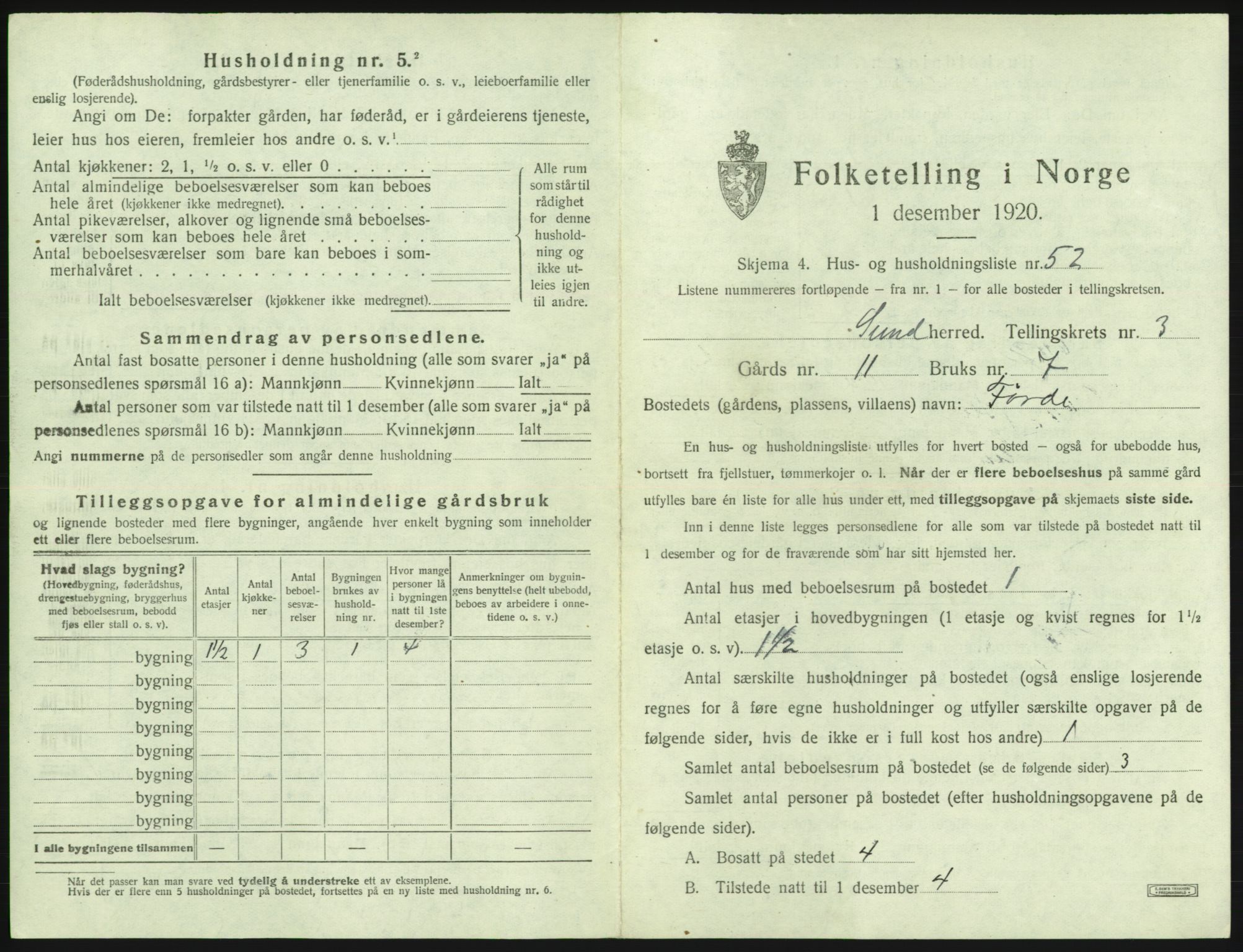 SAB, 1920 census for Sund, 1920, p. 274