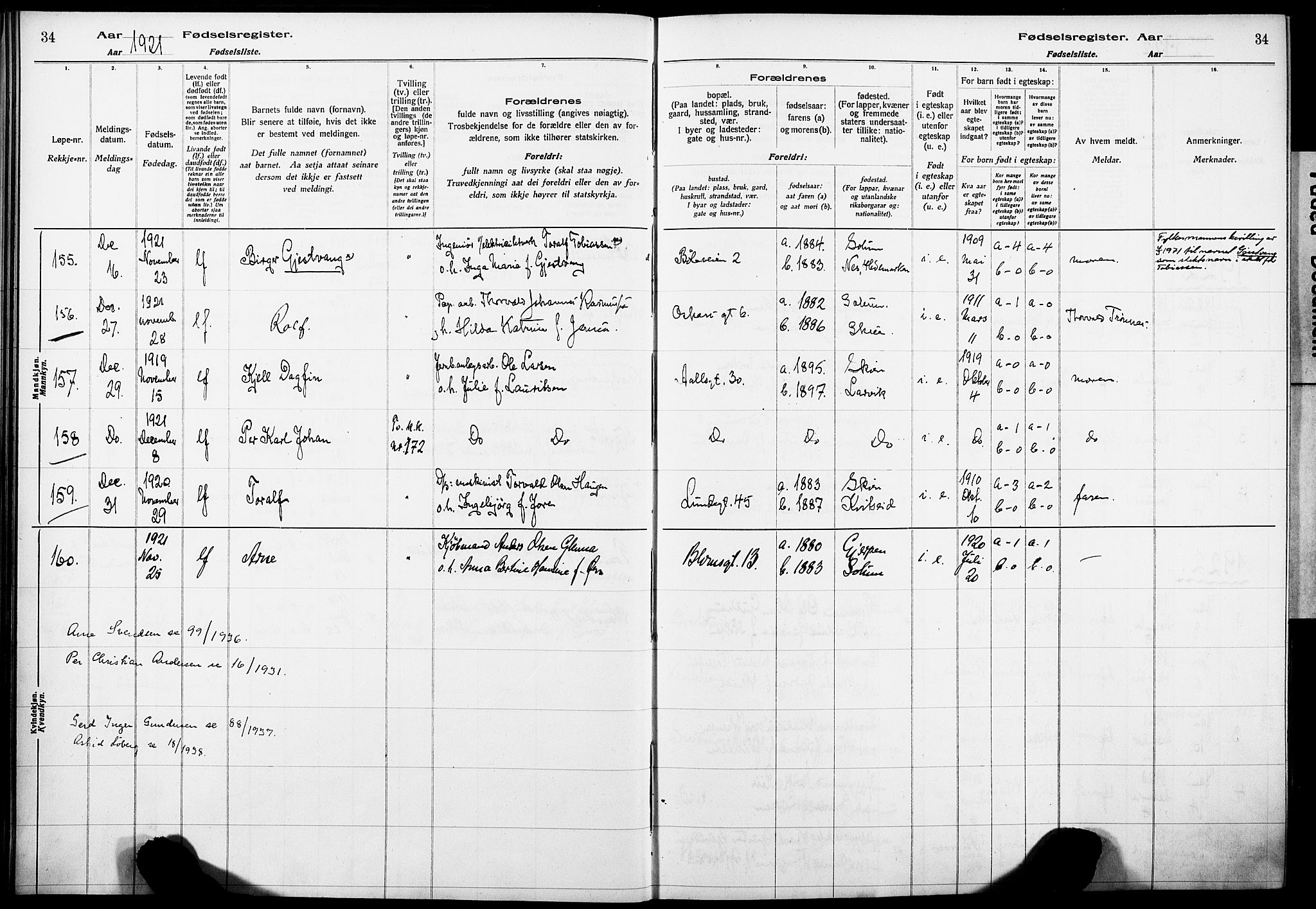 Skien kirkebøker, AV/SAKO-A-302/J/Ja/L0002: Birth register no. 2, 1921-1927, p. 34