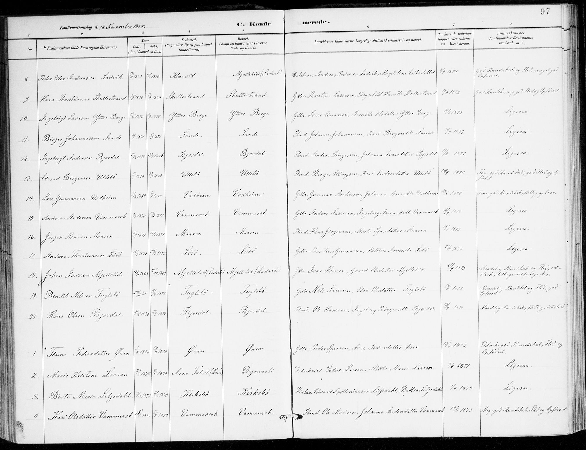 Lavik sokneprestembete, AV/SAB-A-80901: Parish register (official) no. C 1, 1882-1904, p. 97