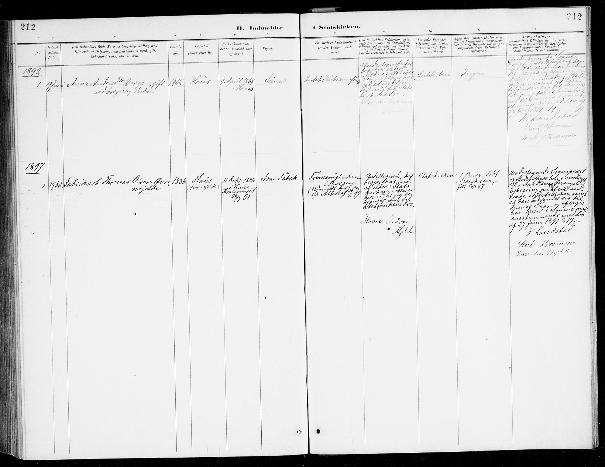 Haus sokneprestembete, SAB/A-75601/H/Haa/Haad/L0001: Parish register (official) no. D 1, 1887-1898, p. 212