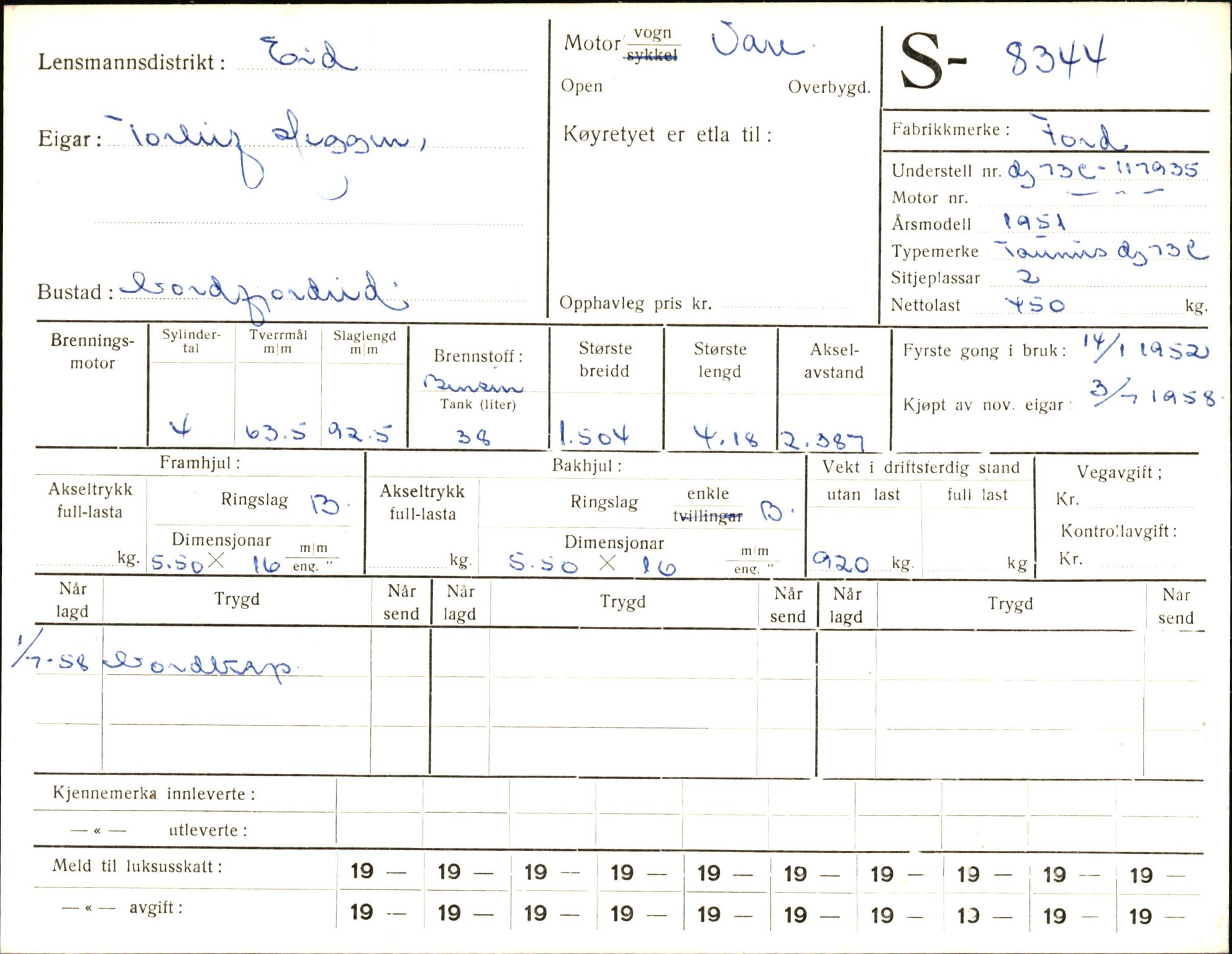 Statens vegvesen, Sogn og Fjordane vegkontor, AV/SAB-A-5301/4/F/L0006: Registerkort utmeldte Fjordane S8300-9500, 1930-1961, p. 64