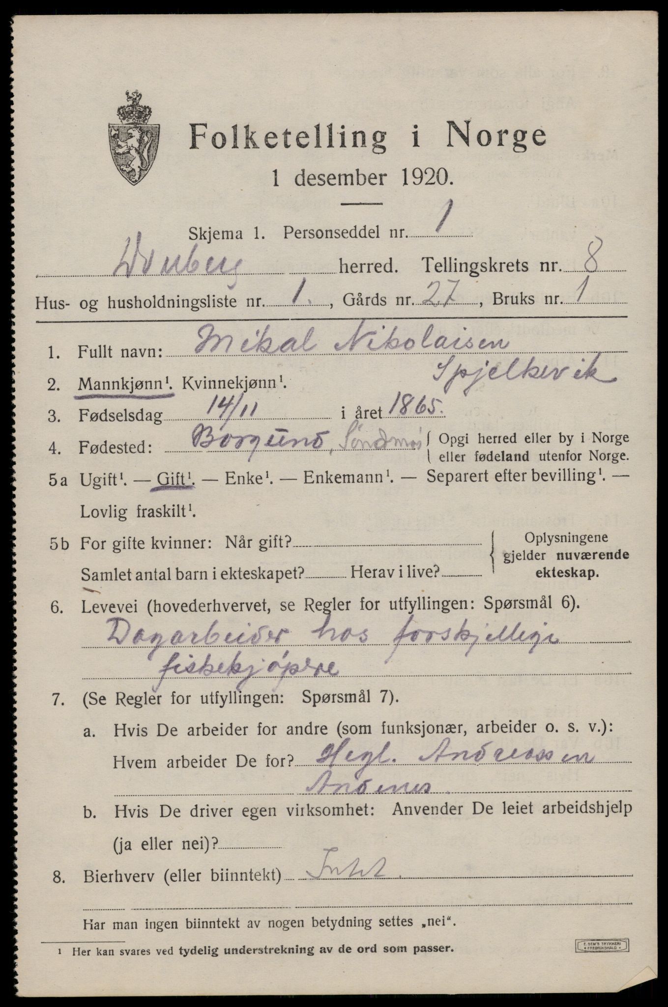 SAT, 1920 census for Dverberg, 1920, p. 7112