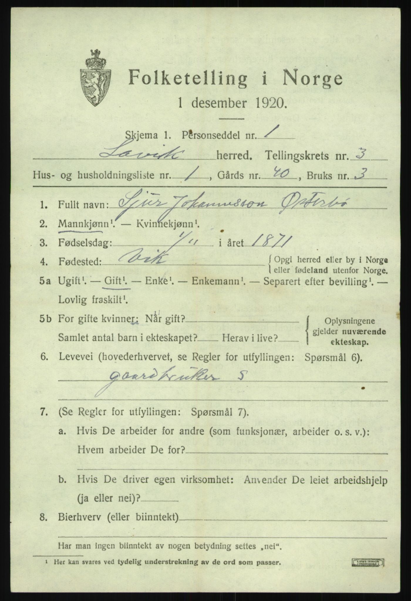 SAB, 1920 census for Lavik, 1920, p. 588