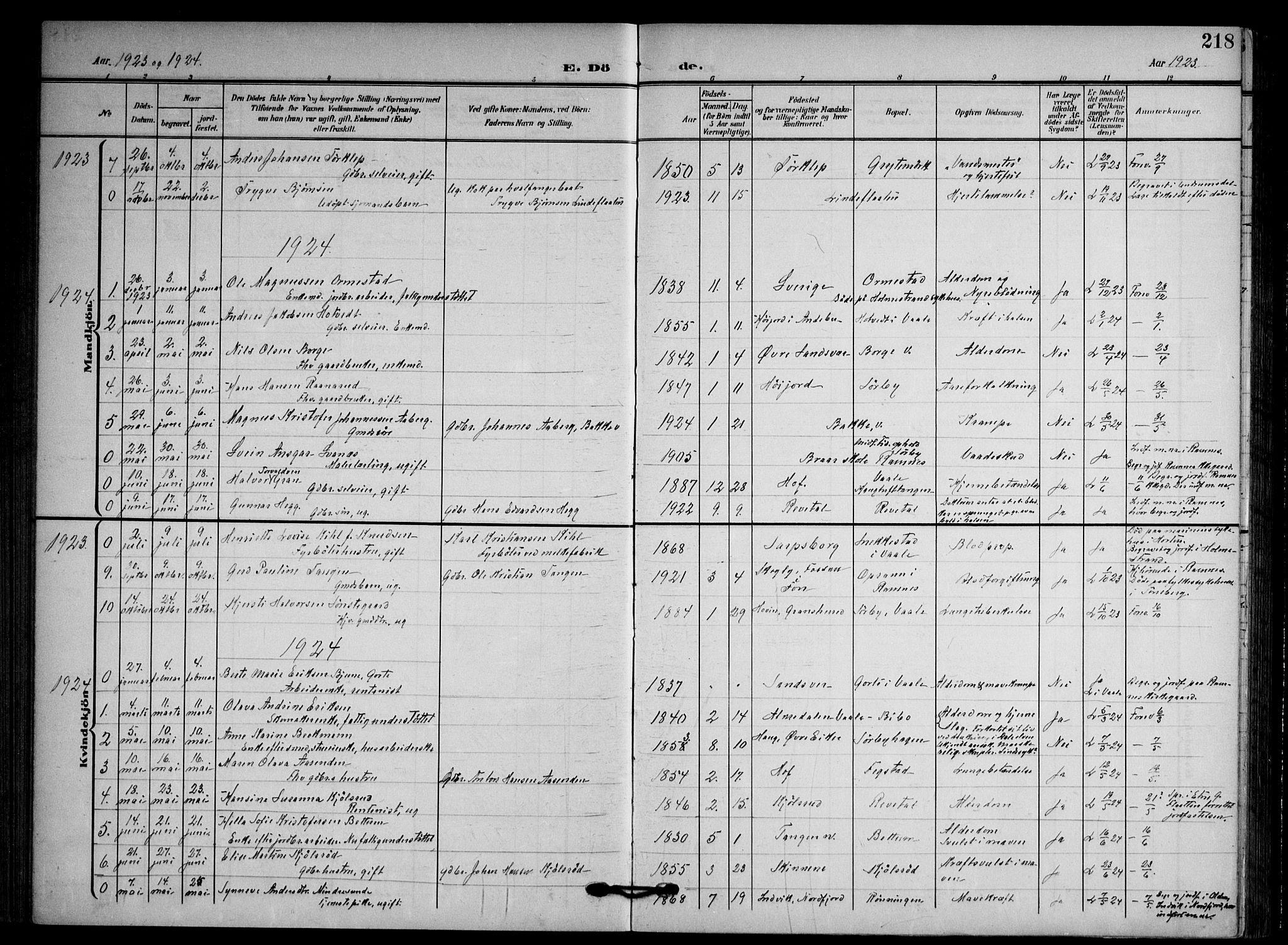 Våle kirkebøker, AV/SAKO-A-334/F/Fa/L0012: Parish register (official) no. I 12, 1907-1934, p. 218