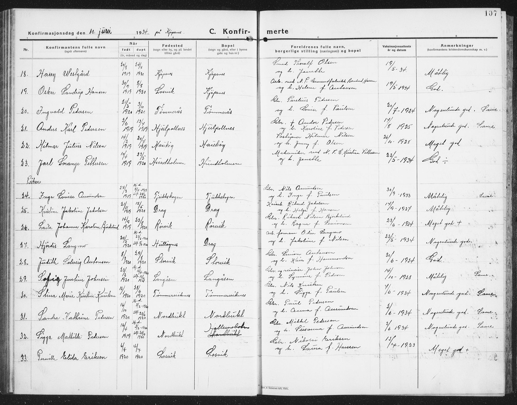Ministerialprotokoller, klokkerbøker og fødselsregistre - Nordland, SAT/A-1459/861/L0879: Parish register (copy) no. 861C05, 1926-1939, p. 107