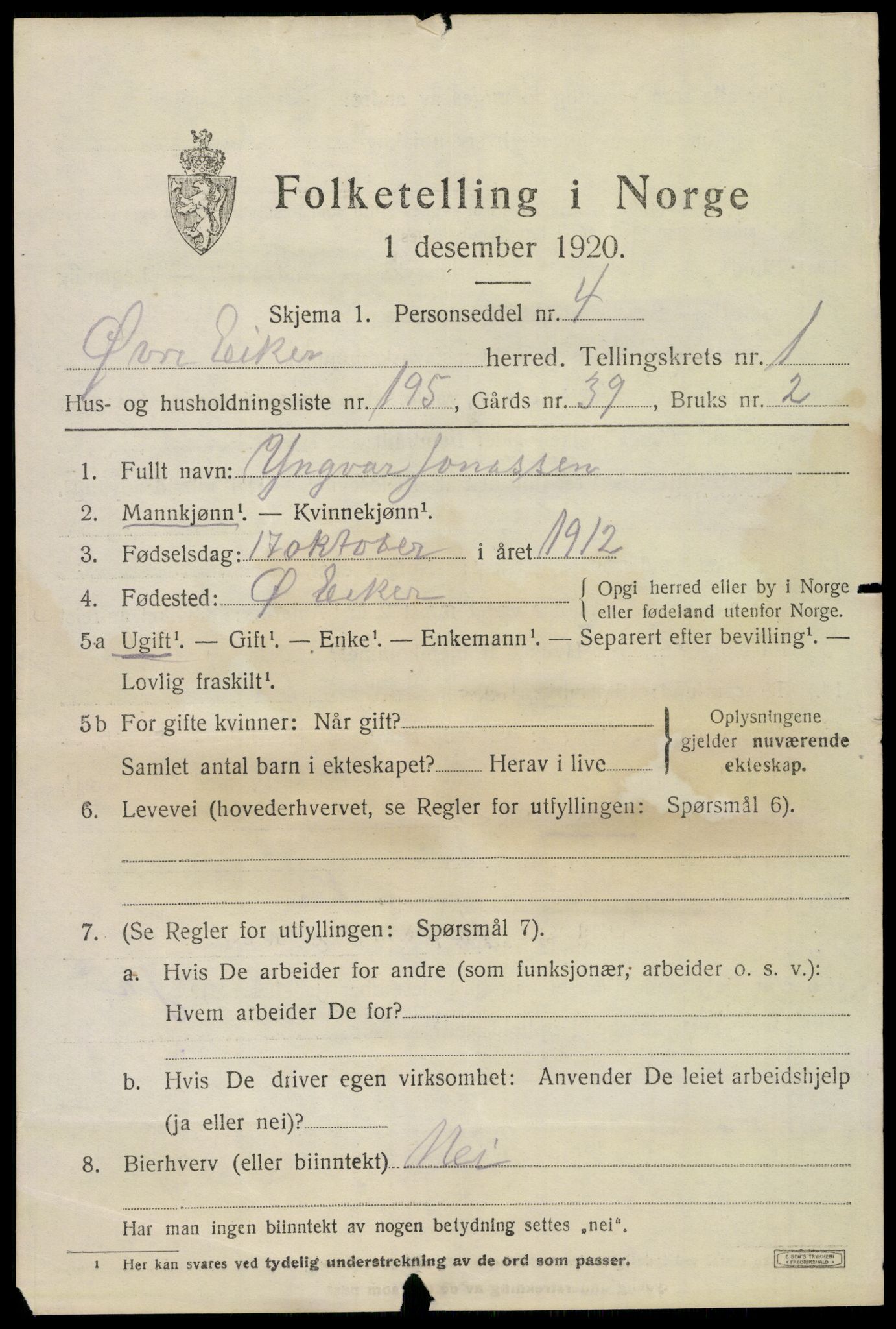 SAKO, 1920 census for Øvre Eiker, 1920, p. 6552